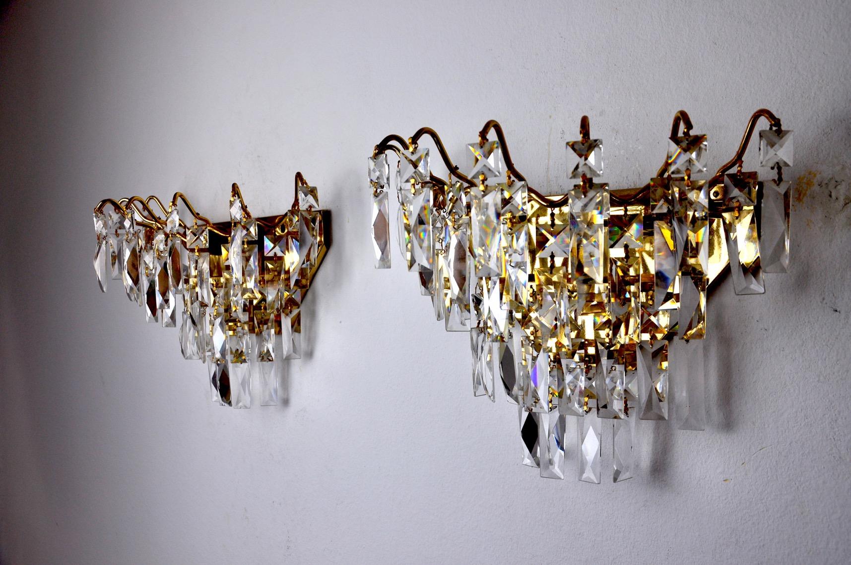 Hollywood Regency Pair of Regency Sconces, Cut Crystals, Spain, 1980 For Sale