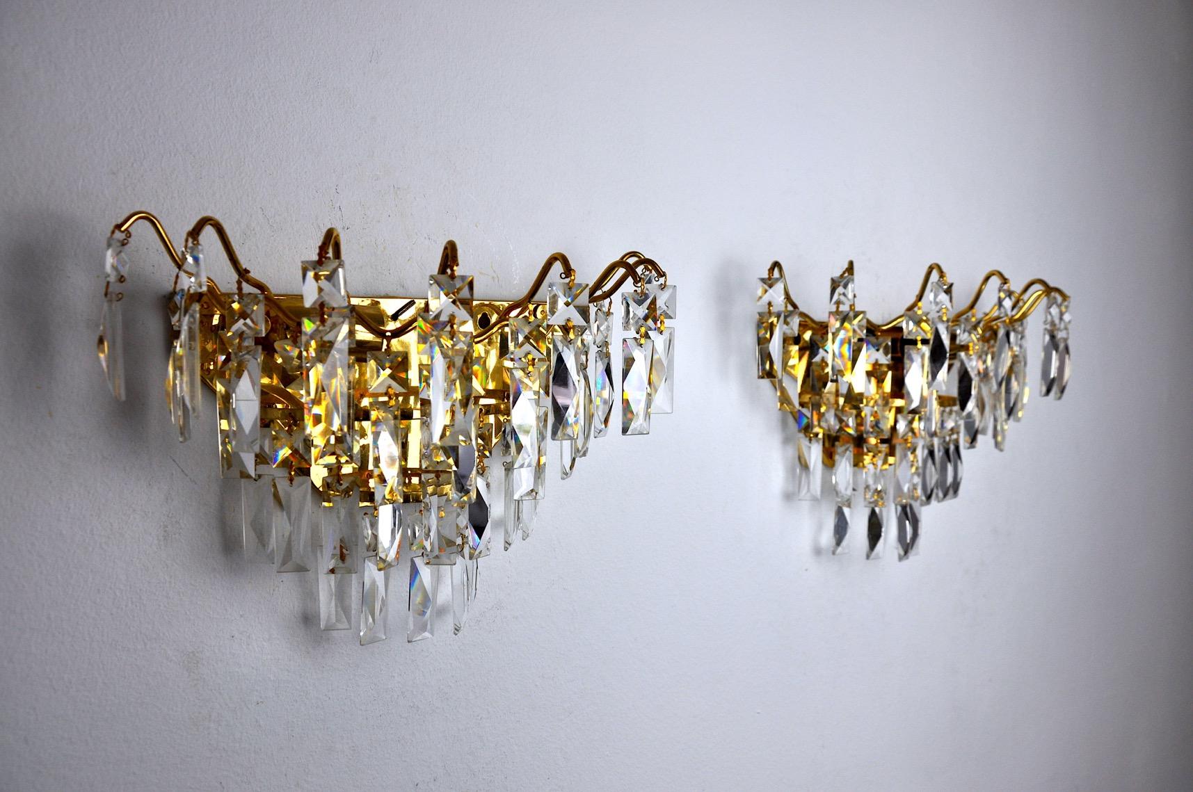 Spanish Pair of Regency Sconces, Cut Crystals, Spain, 1980 For Sale