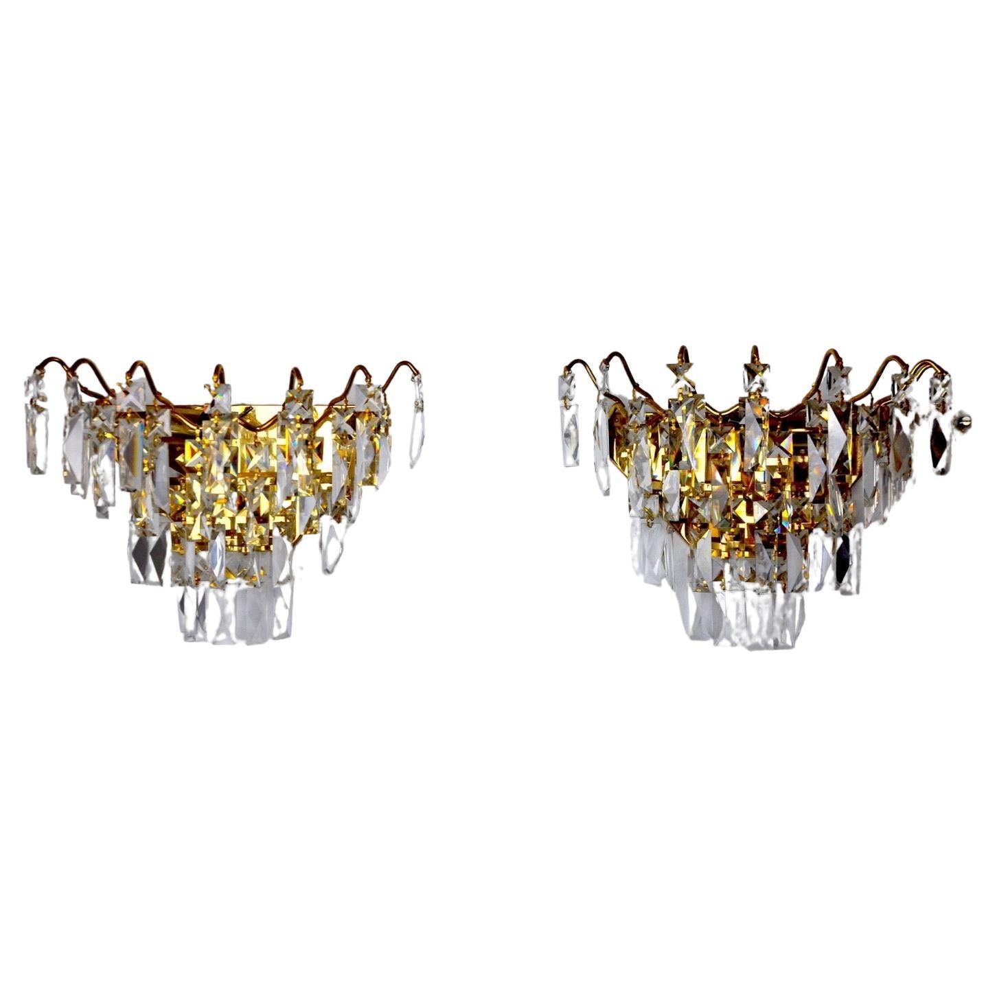 Pair of Regency Sconces, Cut Crystals, Spain, 1980