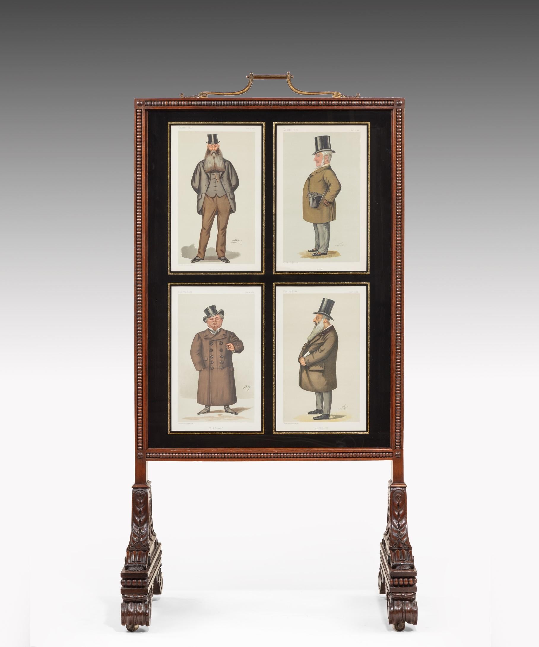 Carved Pair of Regency Screens Displaying Spy Cartoons of Gentlemen For Sale