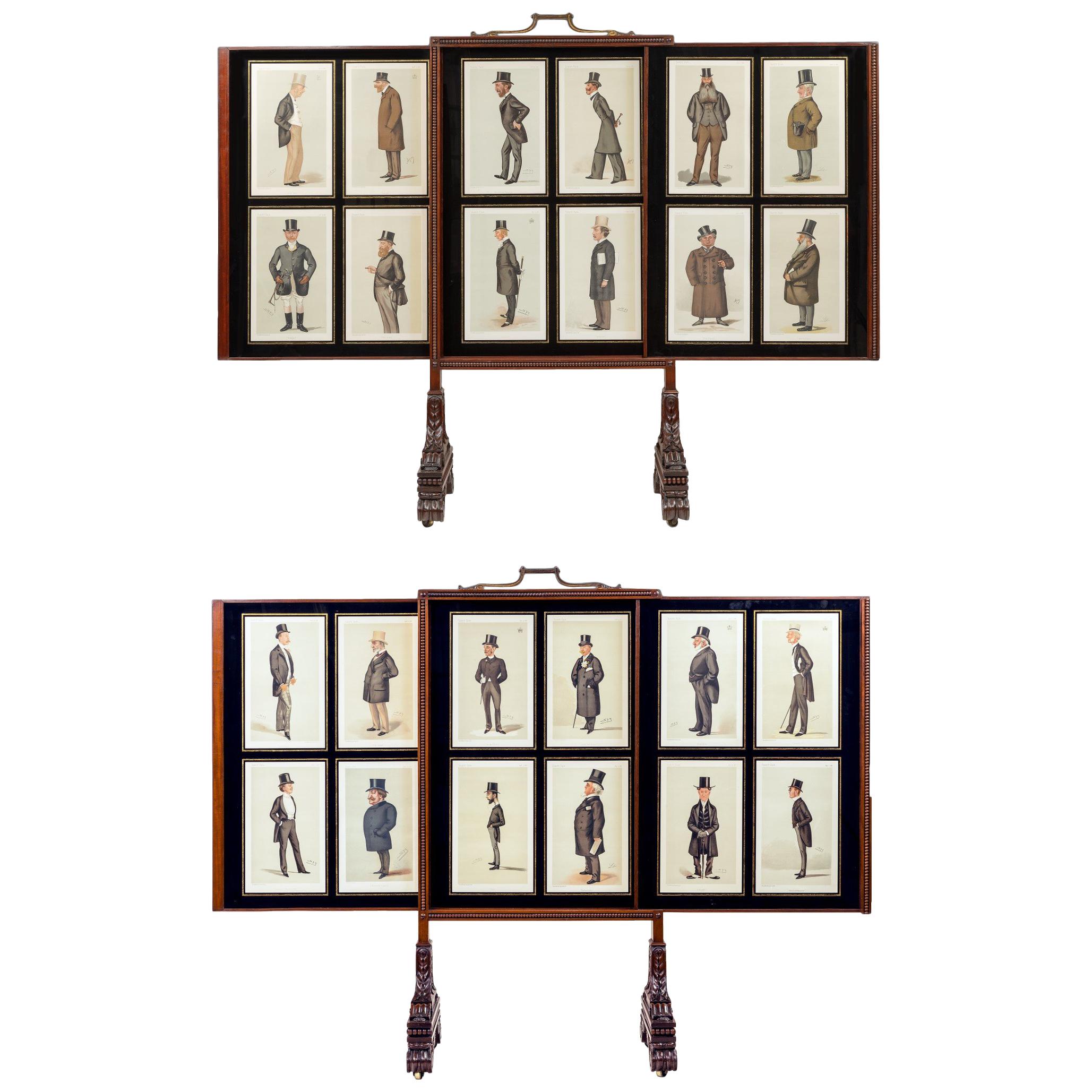 Pair of Regency Screens Displaying Spy Cartoons of Gentlemen For Sale