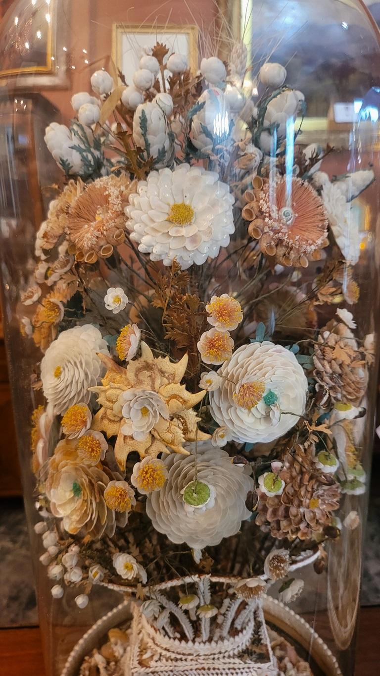 Paire de bouquets floraux de style Régence en coquillage sous dômes en verre en vente 3