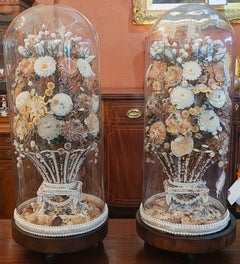 Pair of Regency Shell Art Floral Bouquets under Glass Domes
