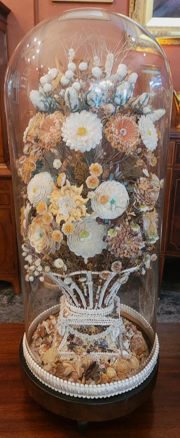 Hand-Crafted Pair of Regency Shell Art Floral Bouquets under Glass Domes For Sale