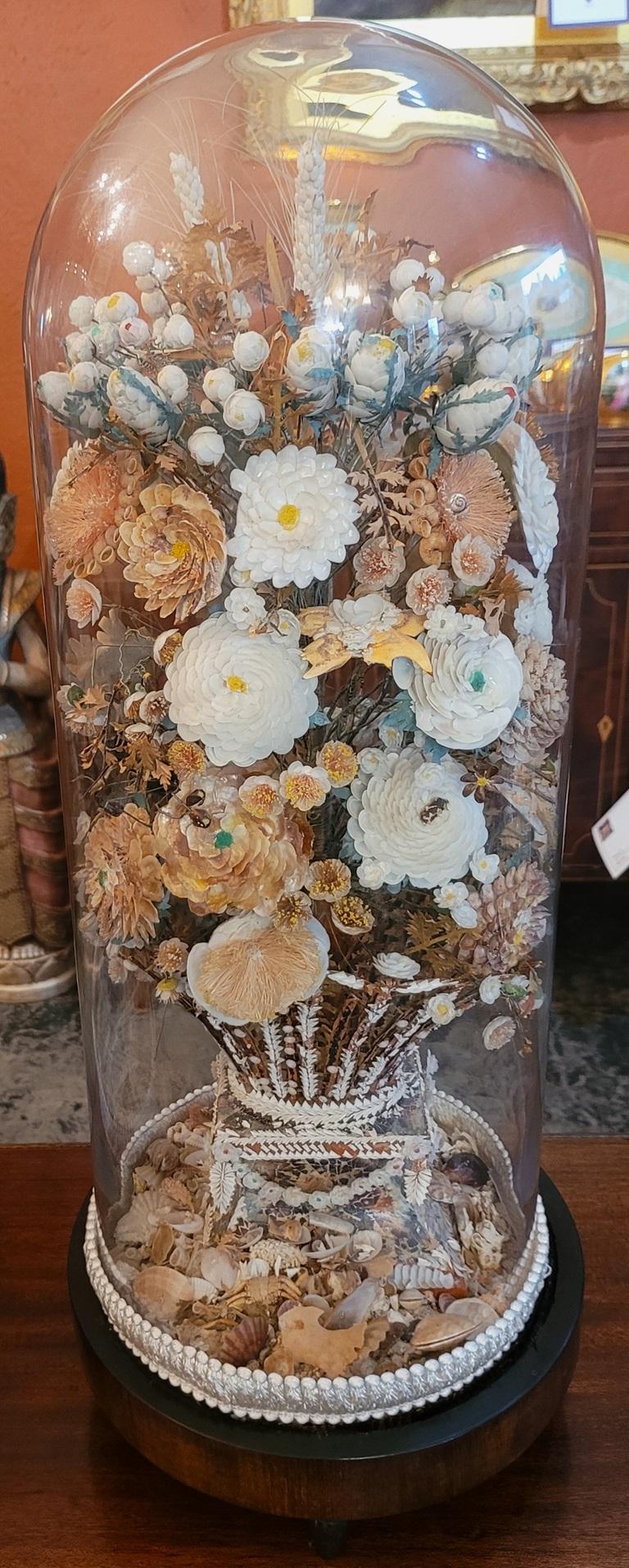 Pair of Regency Shell Art Floral Bouquets under Glass Domes In Good Condition For Sale In Dallas, TX