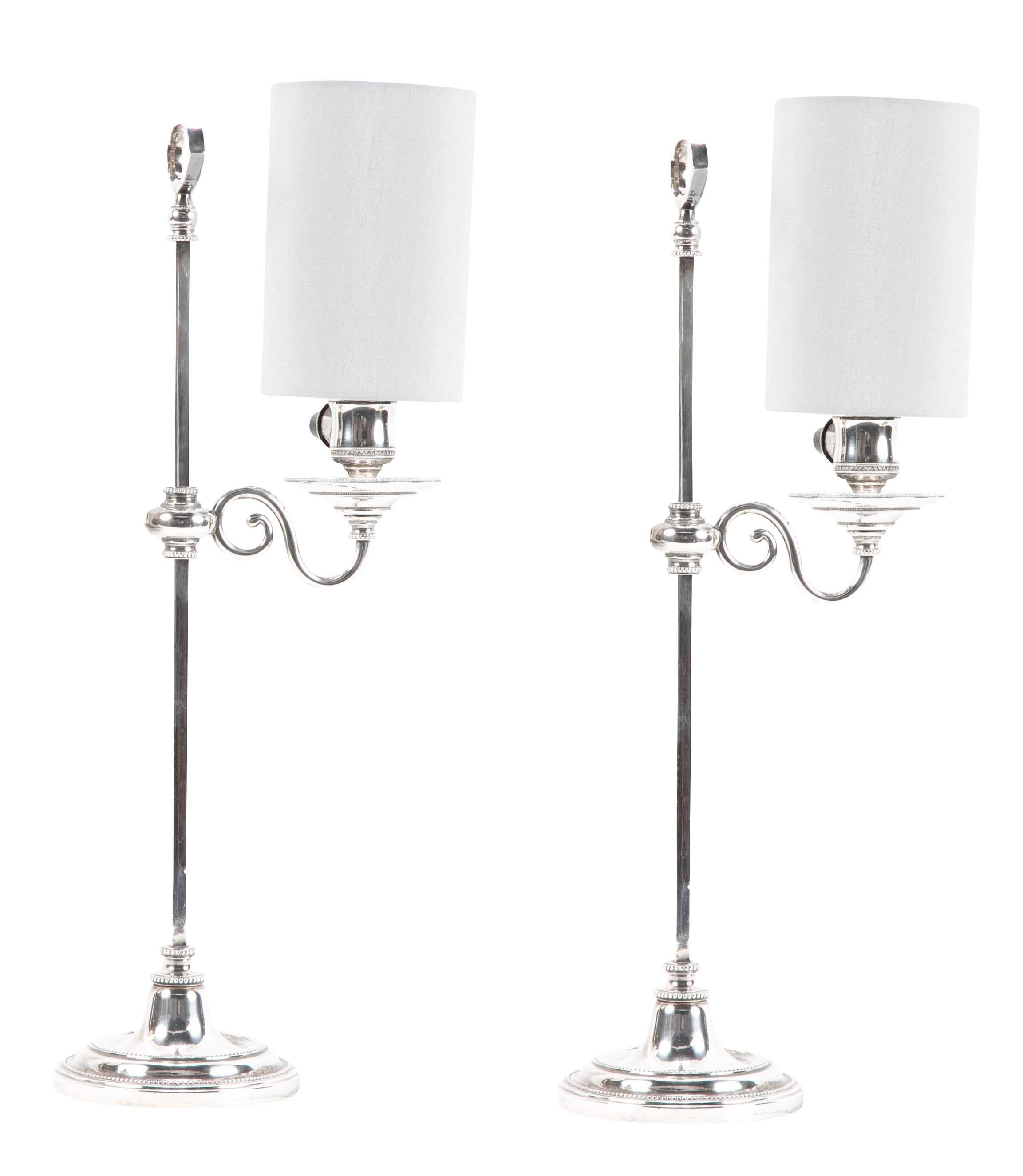 Pair of Regency Silvered Bronze Adjustable Table Lamps For Sale 1