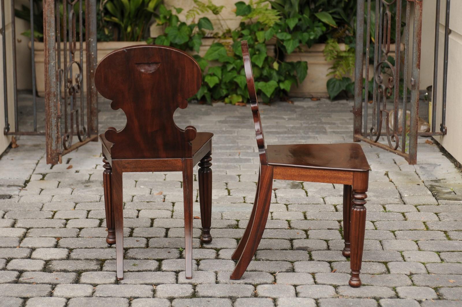 19th Century Pair of Regency Style 1870s Carved Mahogany Hall Chairs with C-Scroll Backs