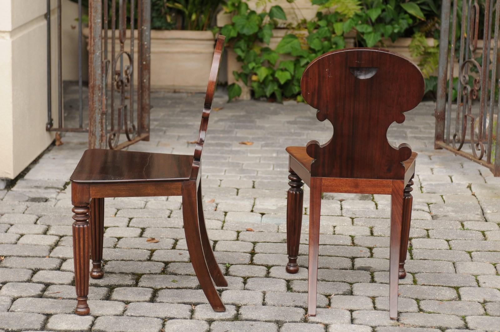 Pair of Regency Style 1870s Carved Mahogany Hall Chairs with C-Scroll Backs 1