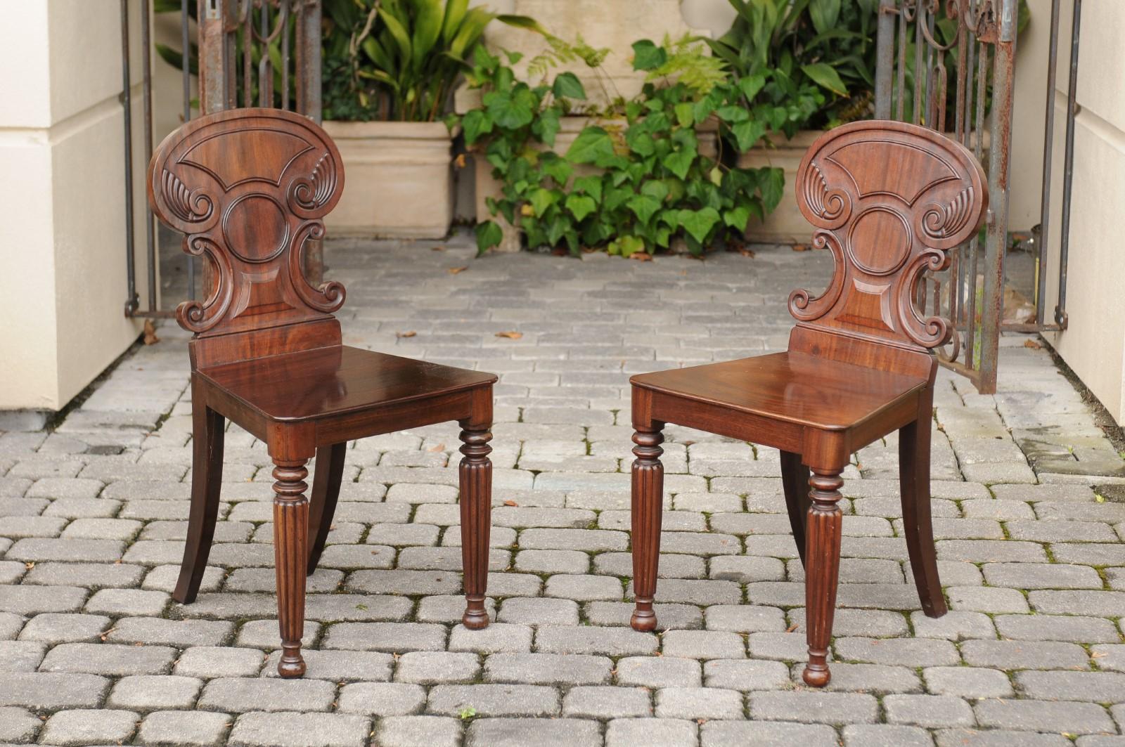 Pair of Regency Style 1870s Carved Mahogany Hall Chairs with C-Scroll Backs 2