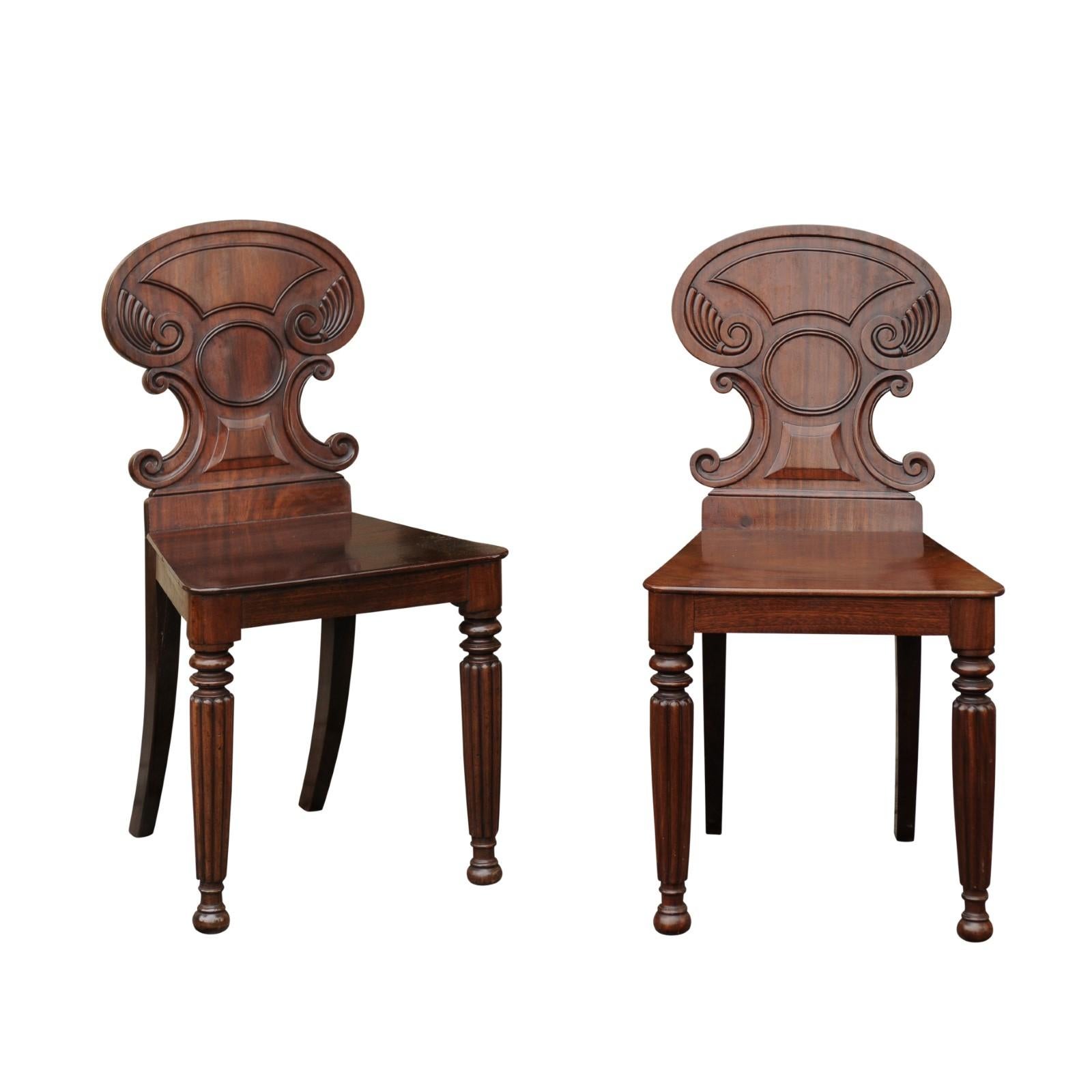 Pair of Regency Style 1870s Carved Mahogany Hall Chairs with C-Scroll Backs