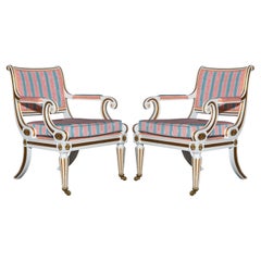 Pair of Regency Style Armchairs, White and Gold Painted