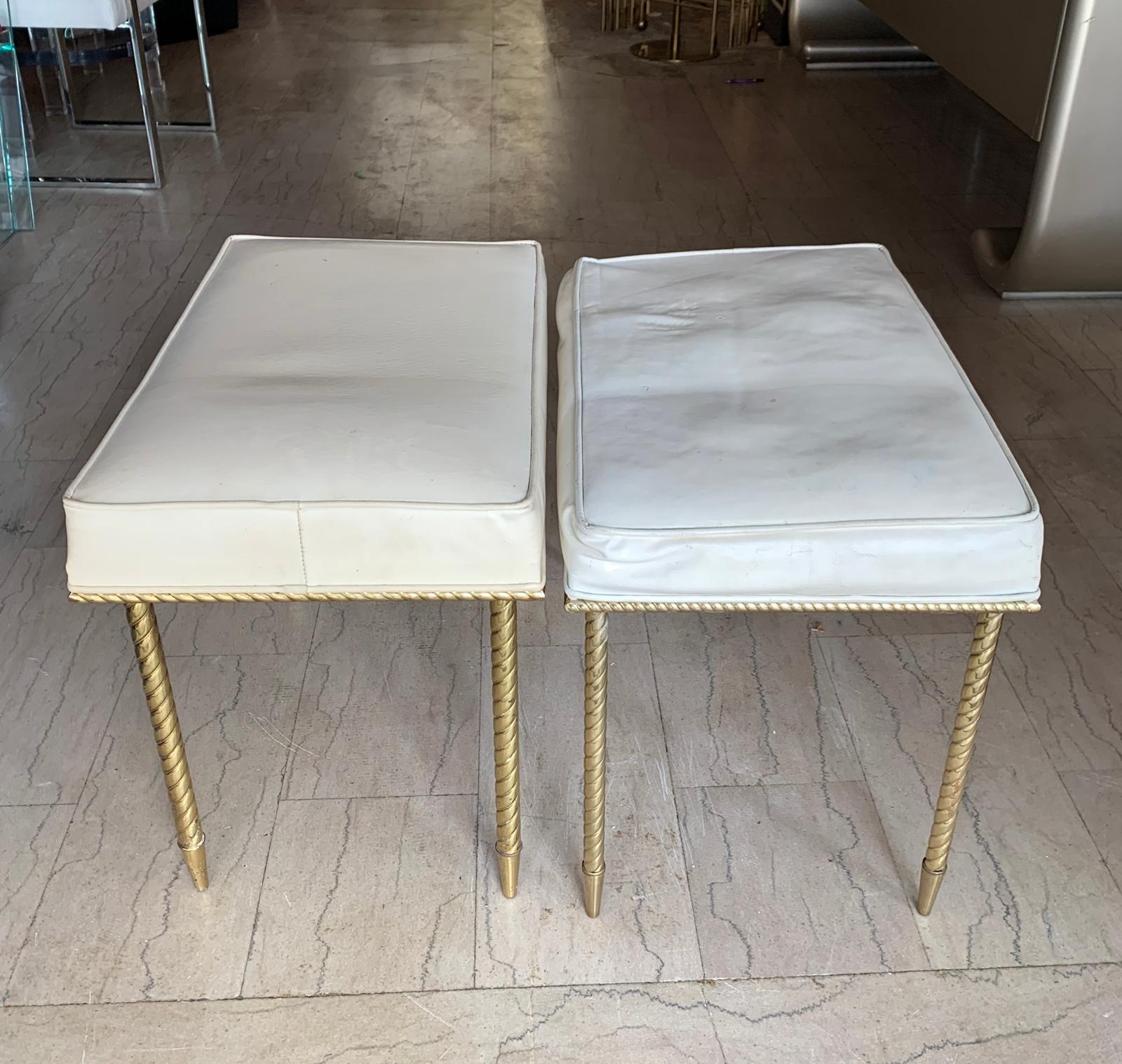 Pair of Regency Style Benches by Charles Hollis Jones in Brass & White Naugahyde In Good Condition In Los Angeles, CA