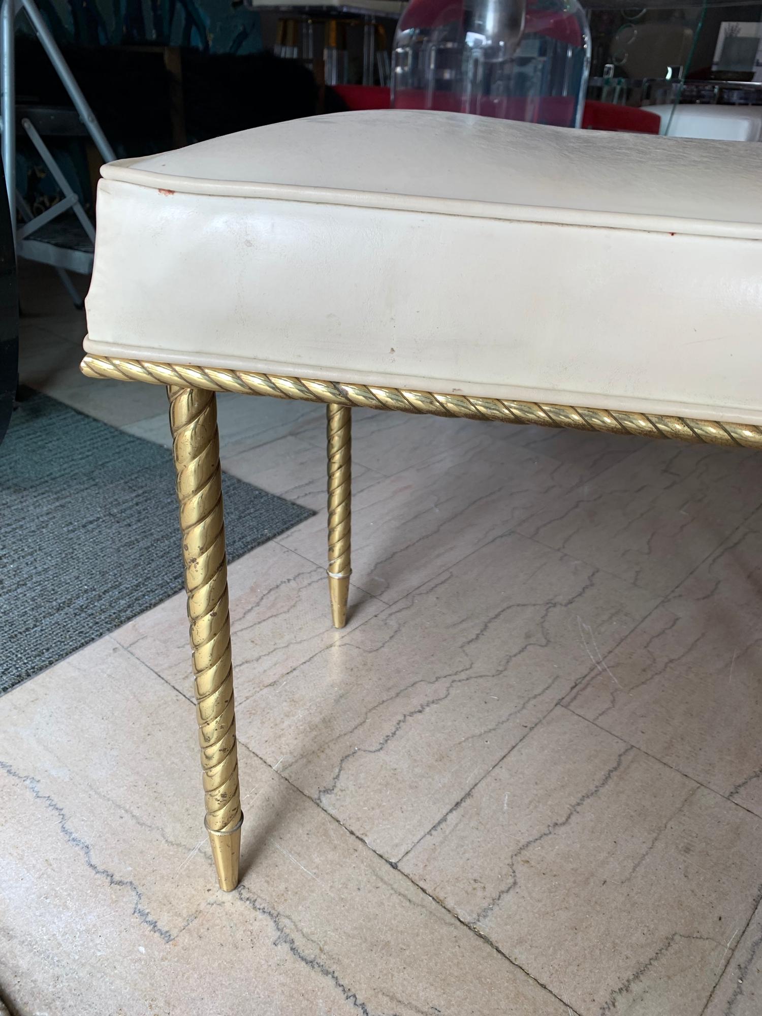 20th Century Pair of Regency Style Benches by Charles Hollis Jones in Brass & White Naugahyde