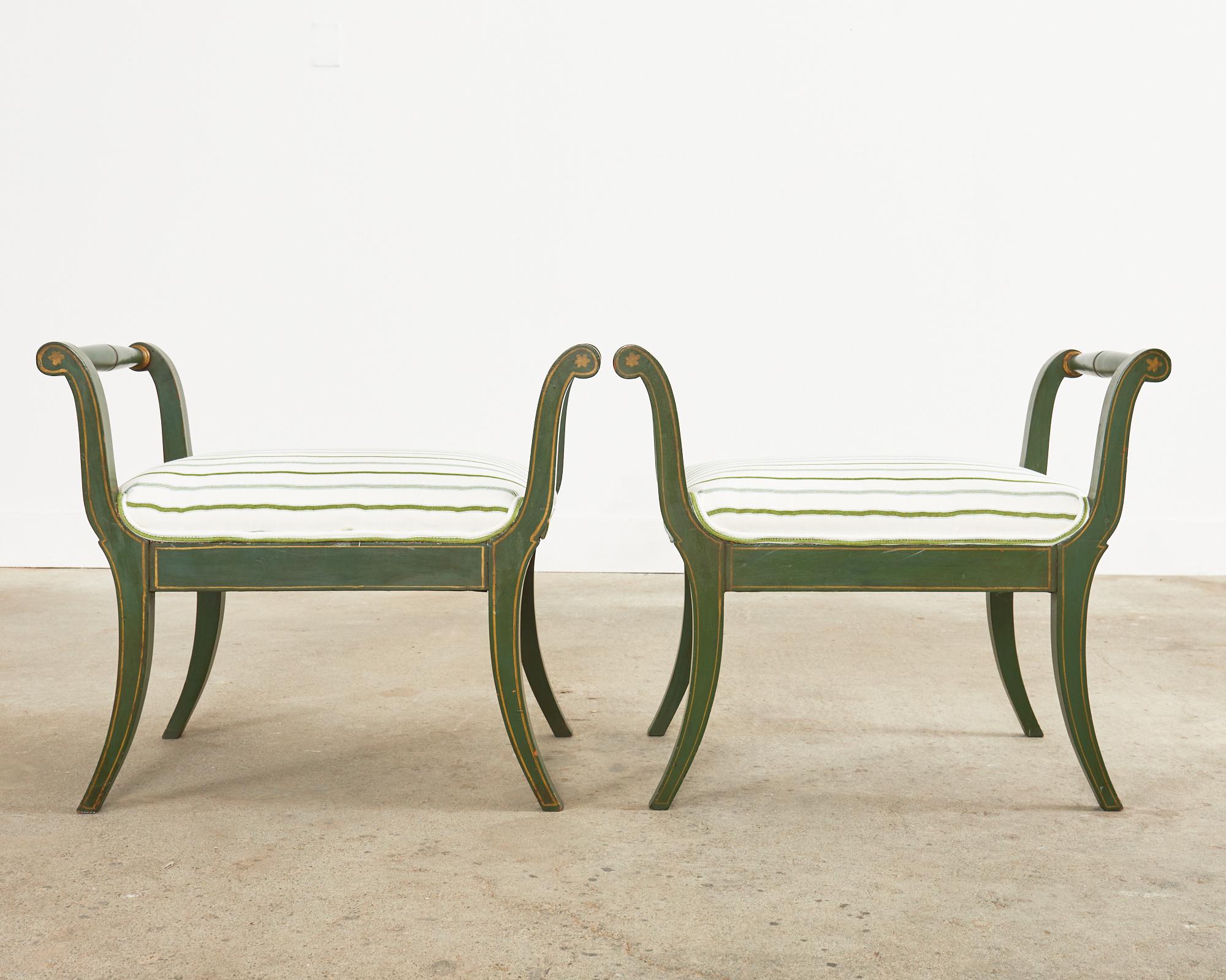 French Pair of Regency Style Olive Green Lacquered Benches