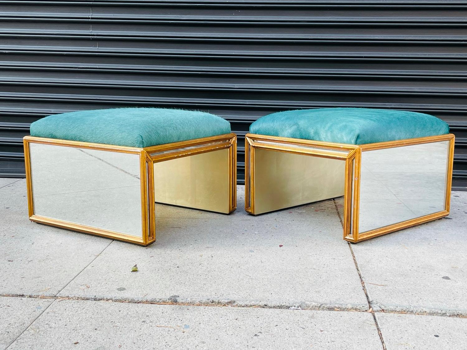 Late 20th Century Pair of Regency Style Benches with Green Pony Hair Upholstery & Antique Mirror