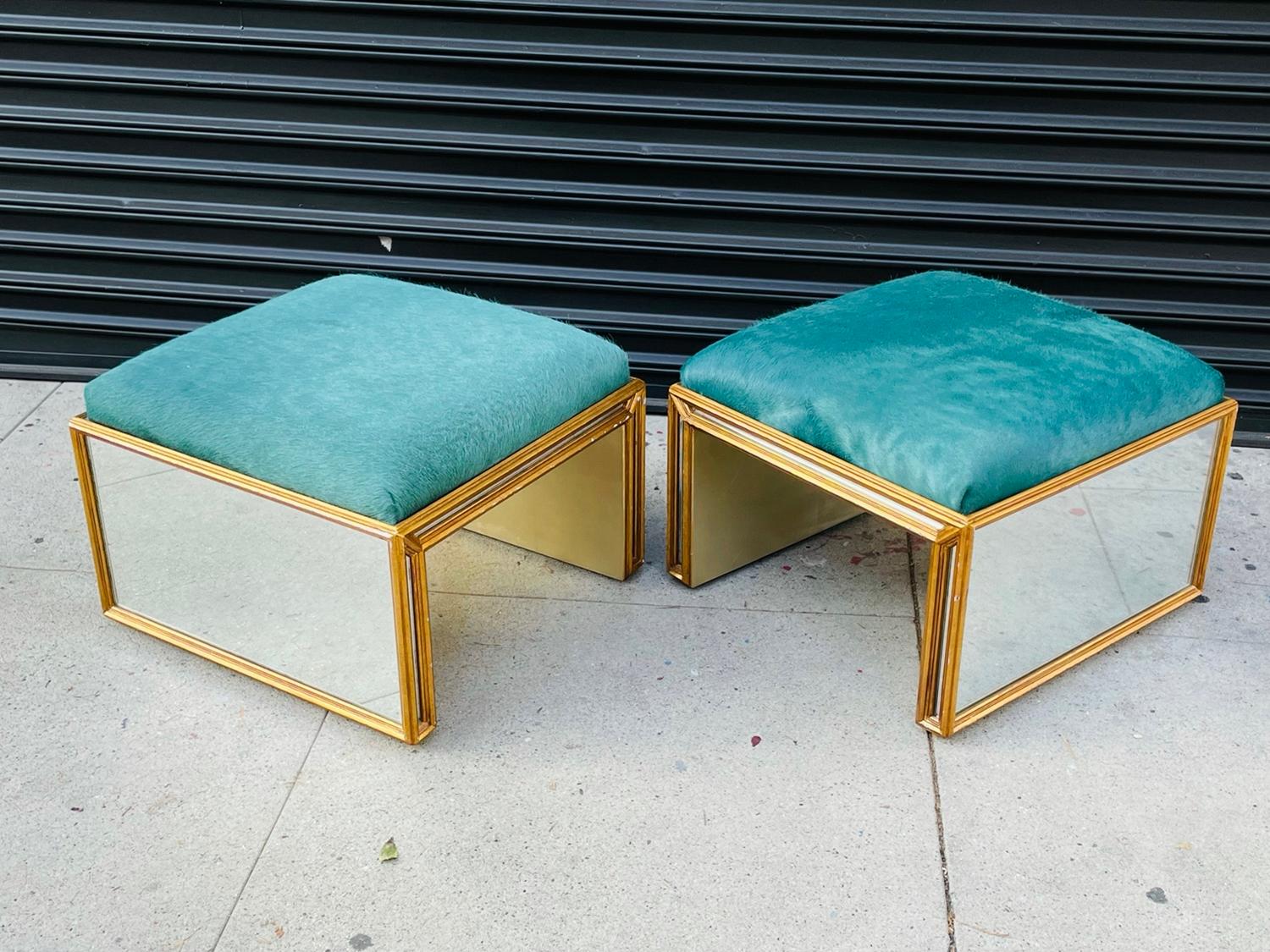 Animal Skin Pair of Regency Style Benches with Green Pony Hair Upholstery & Antique Mirror