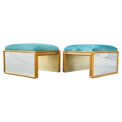 Pair of Regency Style Benches with Green Pony Hair Upholstery & Antique Mirror