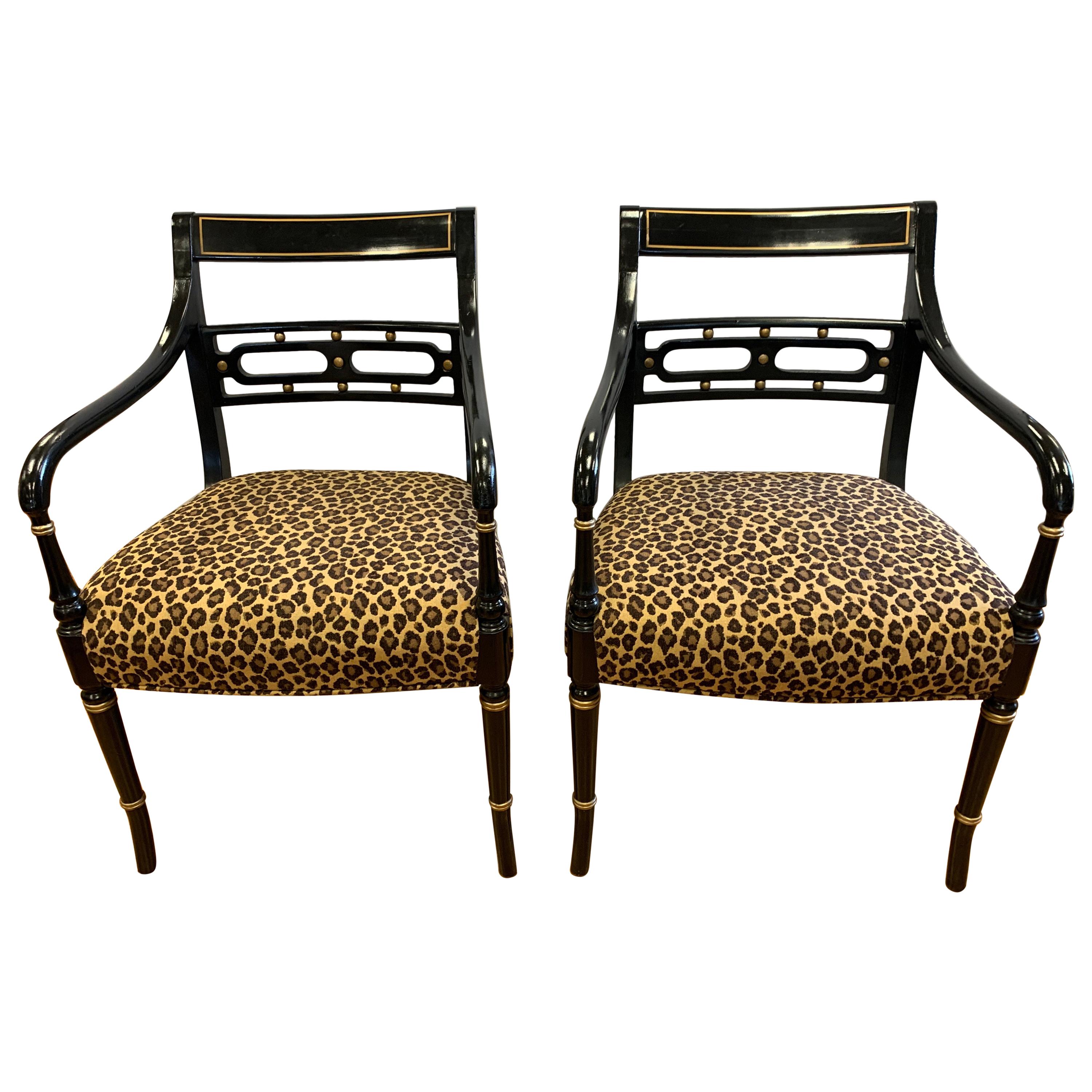 Pair of Regency Style Black Ebonized and Gold Armchairs, New Upholstery