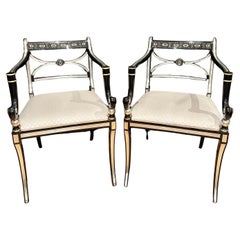 Vintage Pair Of Regency Style Black Lacquered And Silvered Armchairs