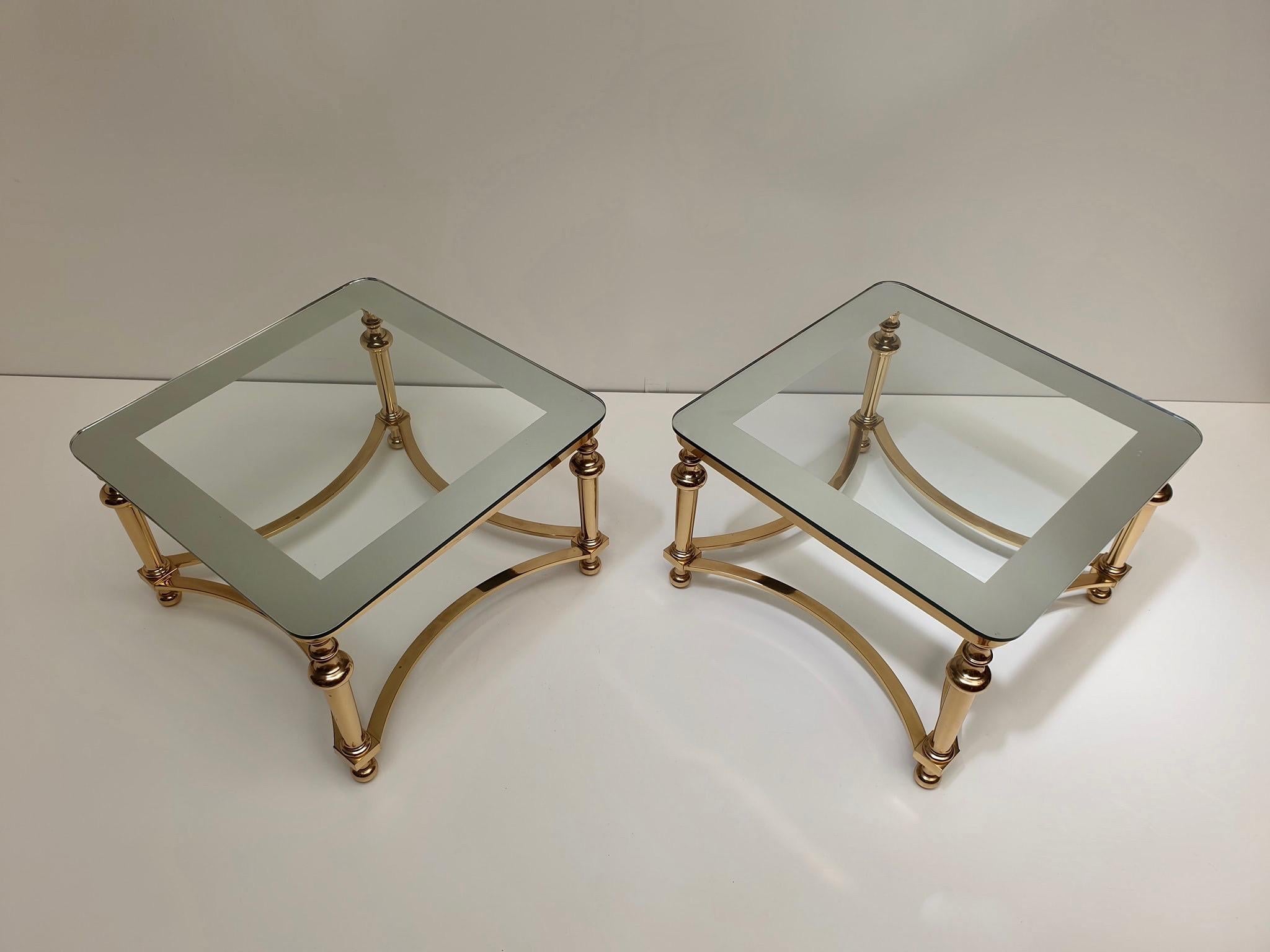 Italian Pair of Regency Style Blass and Brass Side Tables For Sale