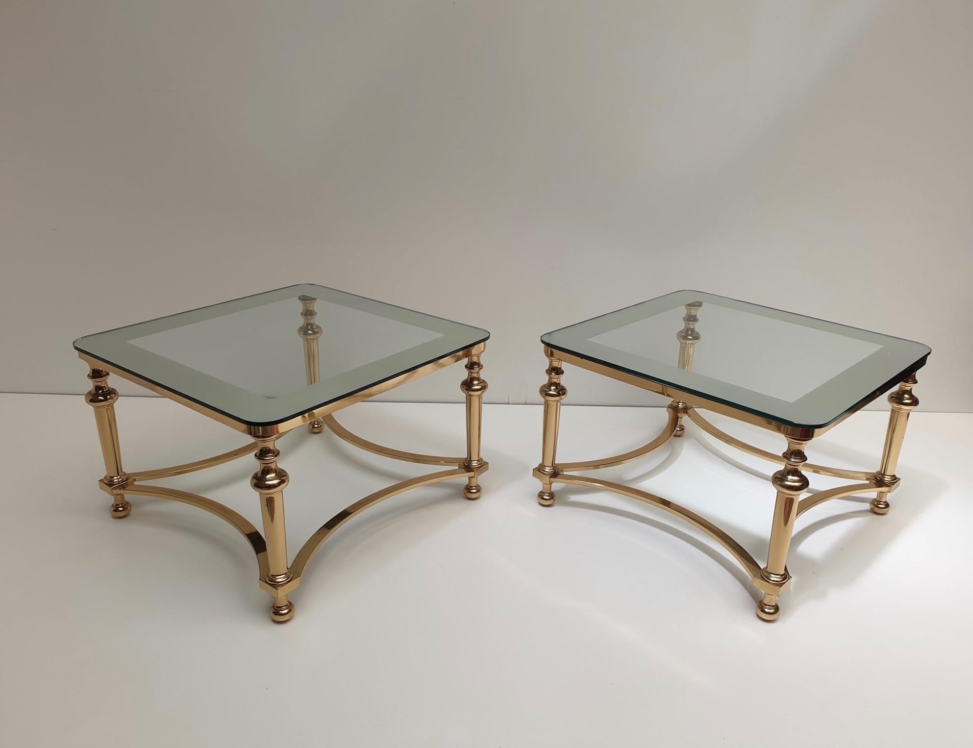 Gilt Pair of Regency Style Blass and Brass Side Tables For Sale