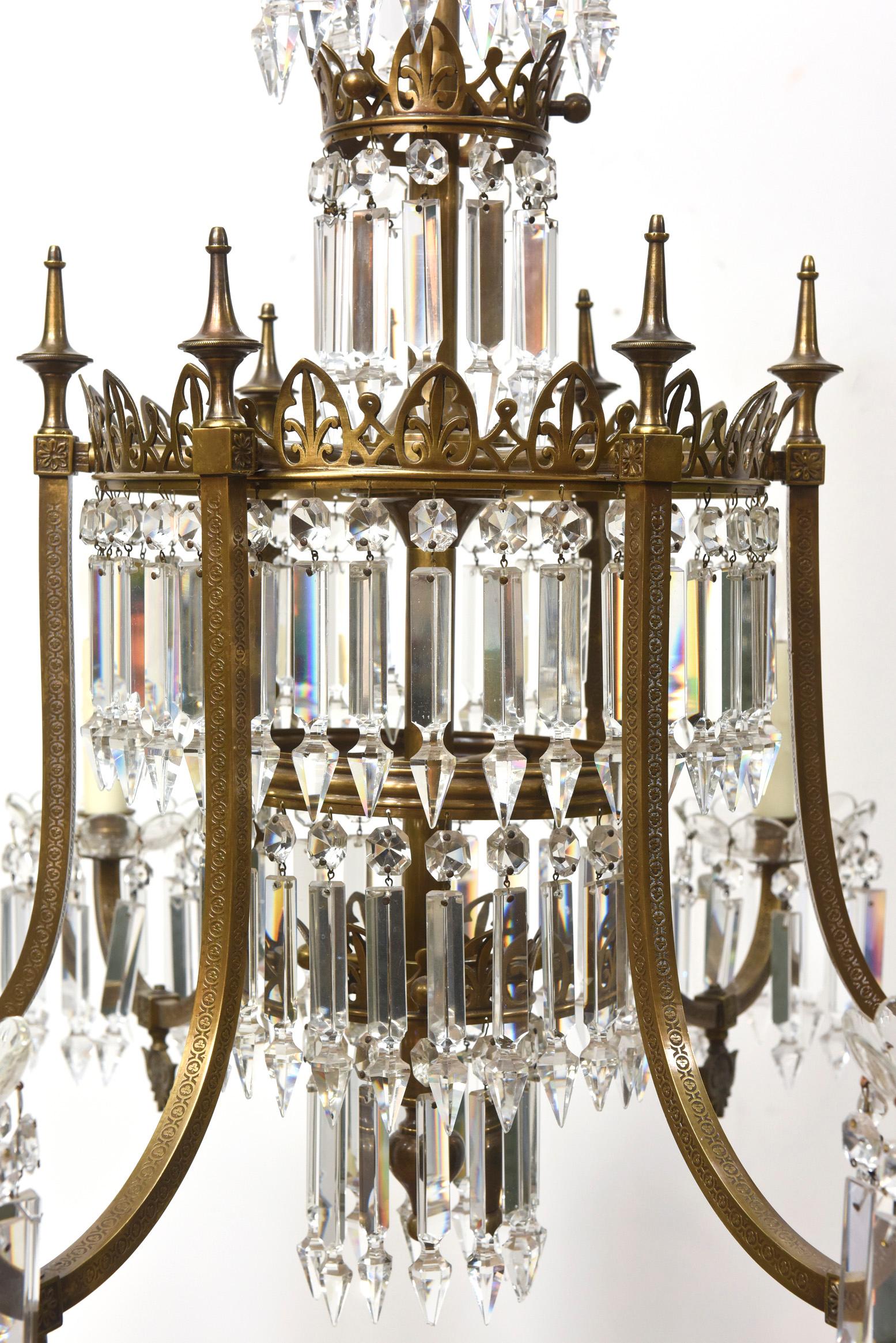 Pair of Regency Style Brass and Crystal Gasoliers 3