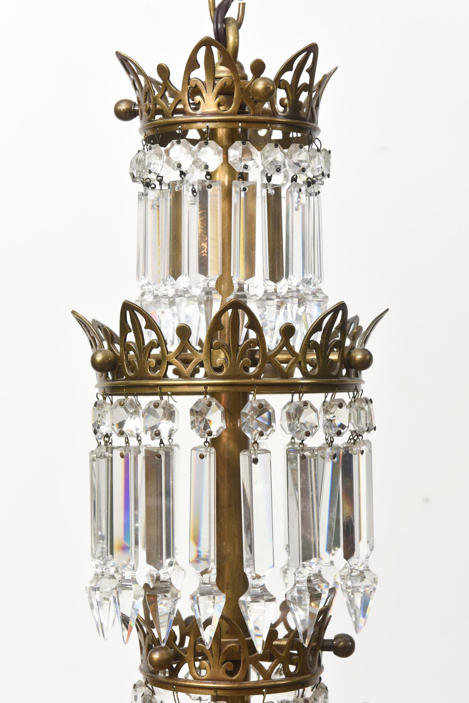 Pair of Regency Style Brass and Crystal Gasoliers 4