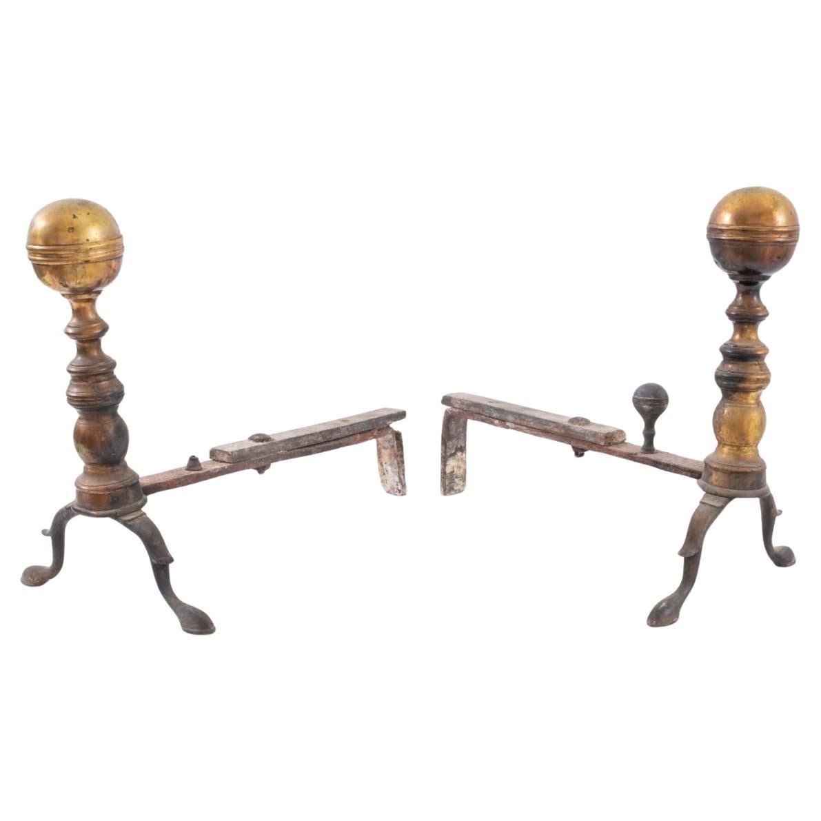 Pair of Regency Style Brass Andirons / Chenets For Sale