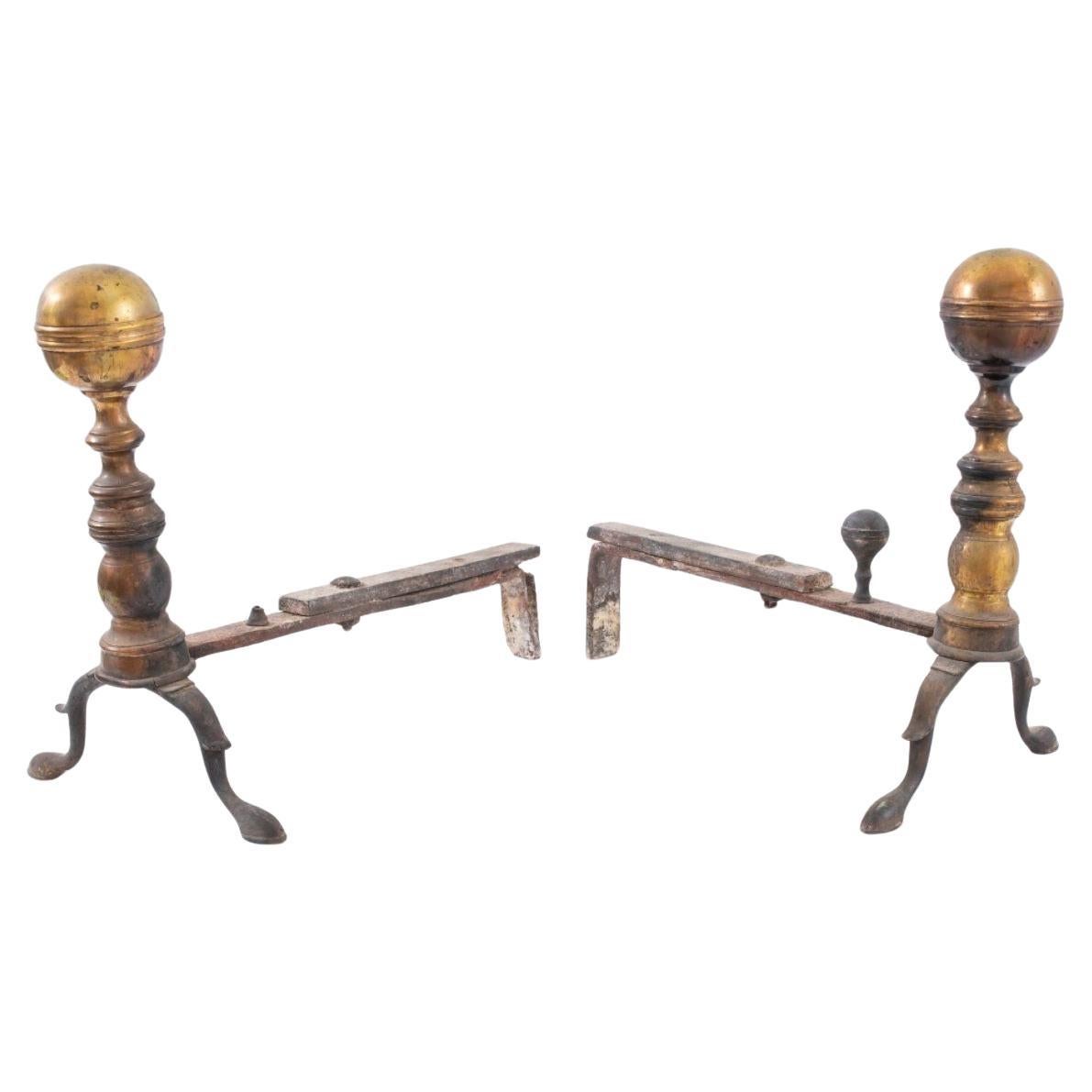 Pair of Regency Style Brass Andirons / Chenets