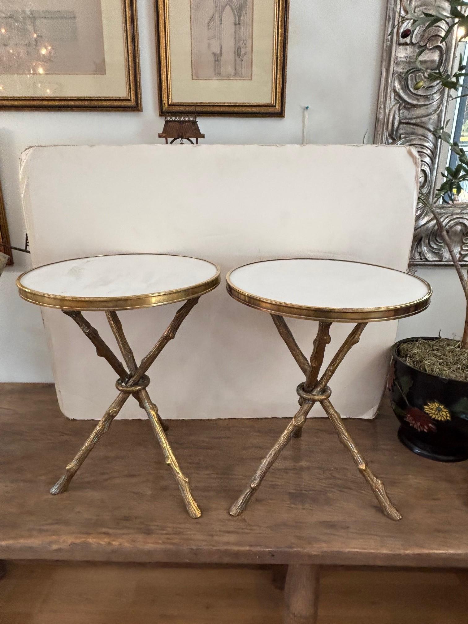 Pair of Regency Style Brass Twig Form Tripod Base w/ White Marble Top Side Table For Sale 4
