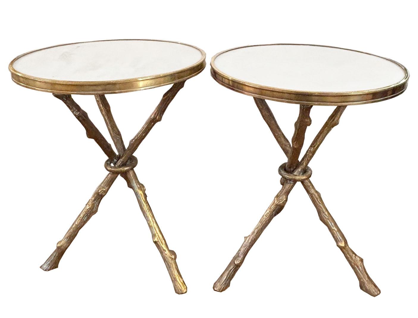 Pair of Regency Style Brass Twig Form Tripod Base w/ White Marble Top Side Table For Sale 5