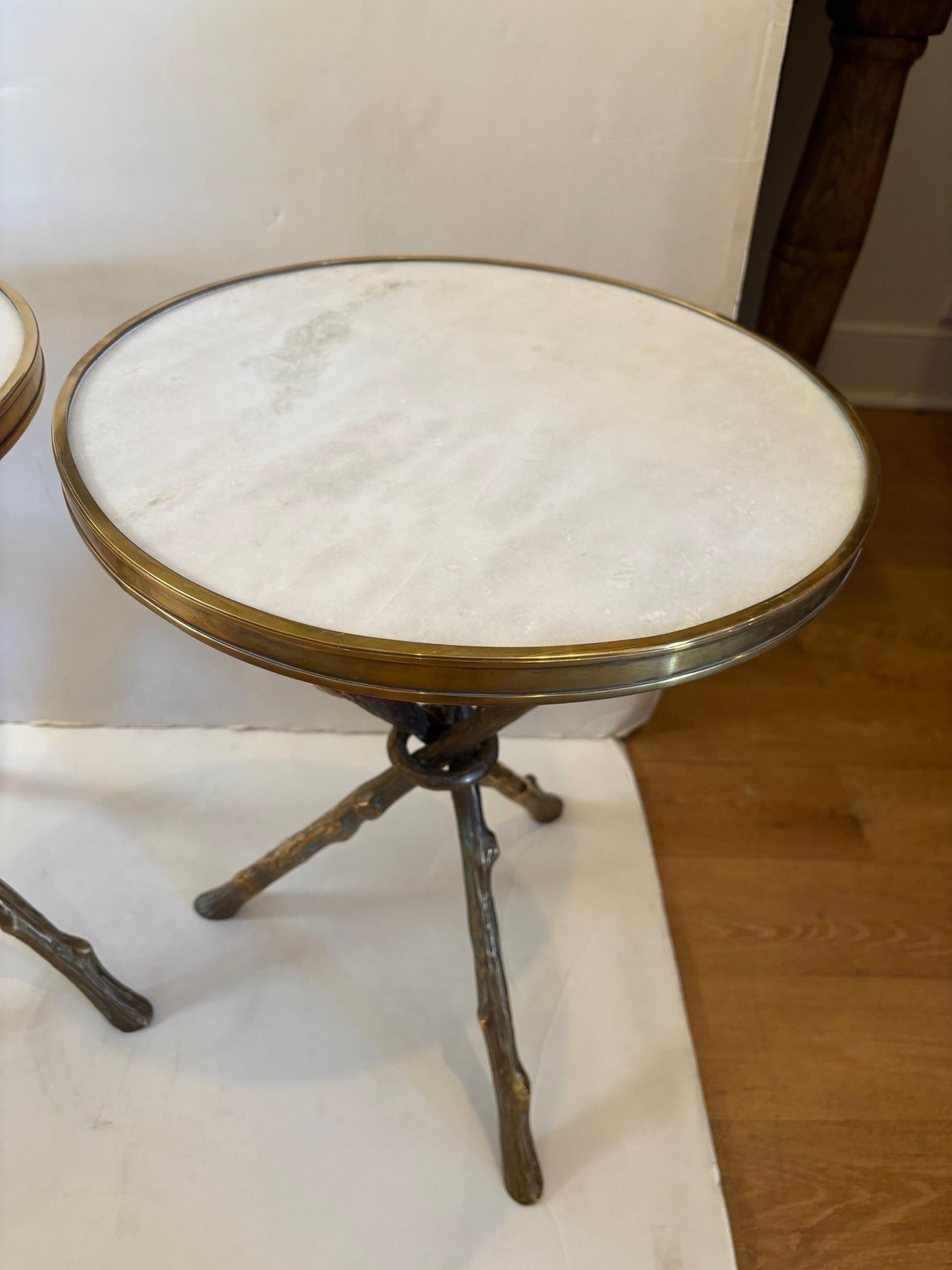 Pair of Regency Style Antique Brass Twig Form Tripod Base with Round White Marble Top Cocktail Tables, can be used as a Side Table, 
Dimensions: 16.5