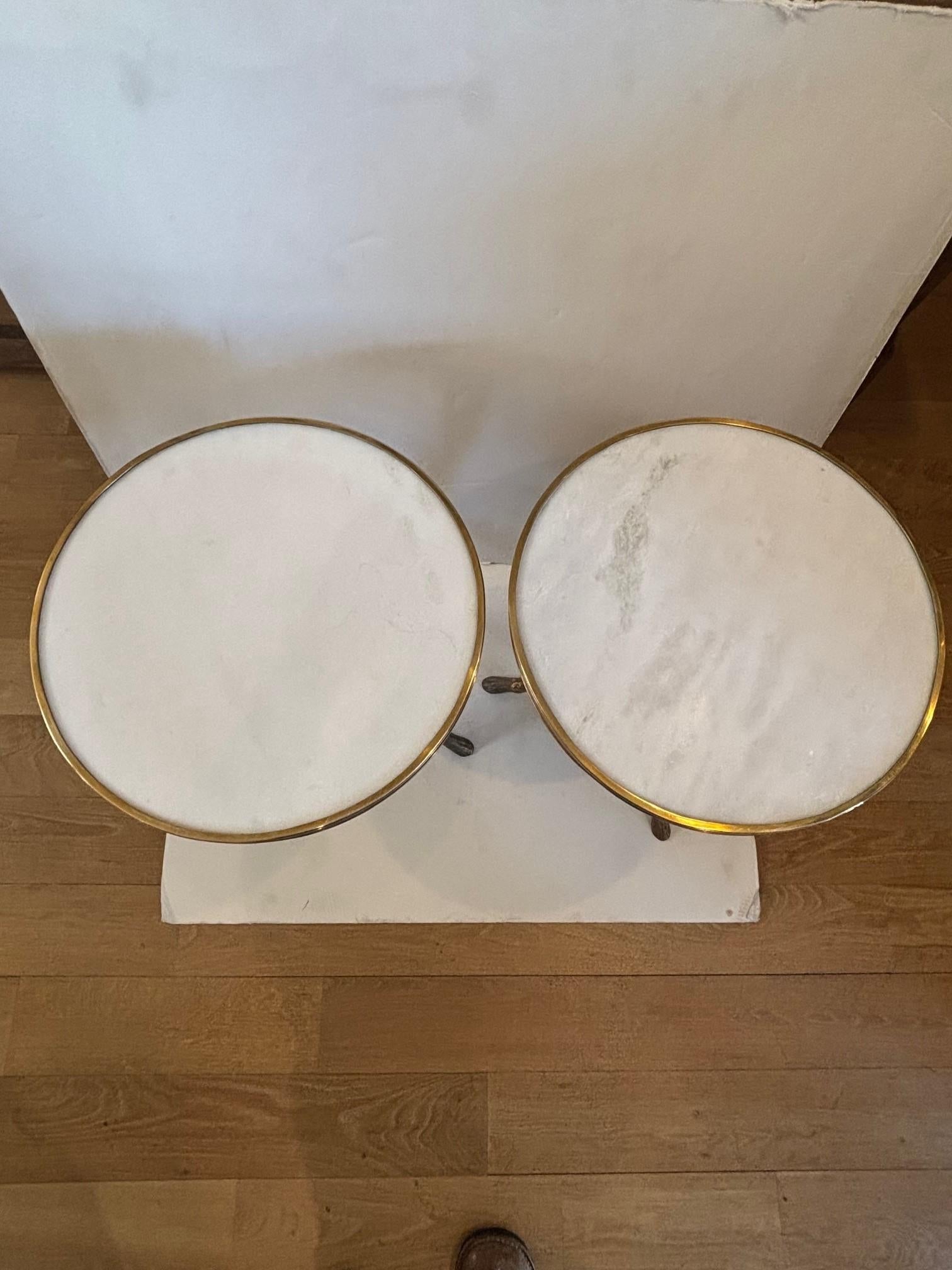 Carved Pair of Regency Style Brass Twig Form Tripod Base w/ White Marble Top Side Table For Sale