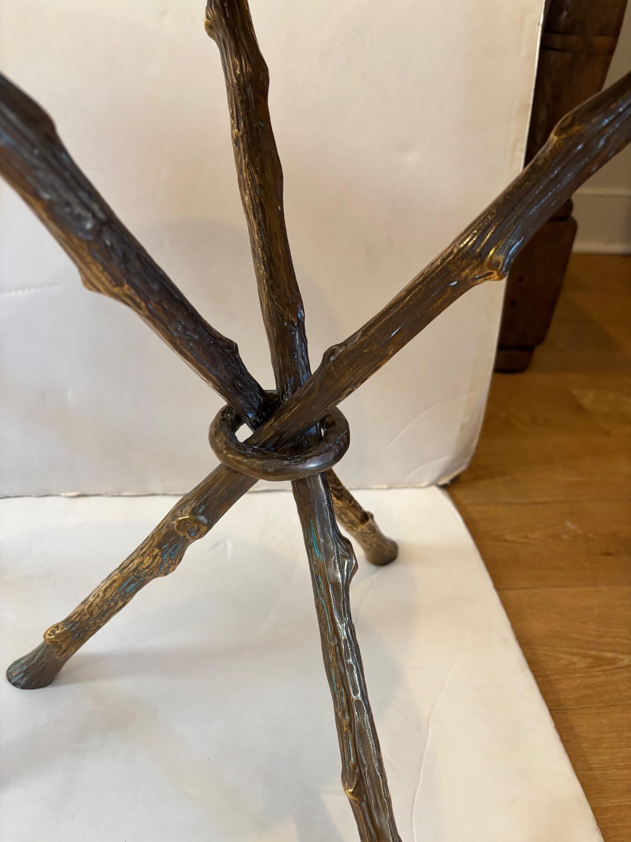Pair of Regency Style Brass Twig Form Tripod Base w/ White Marble Top Side Table In Good Condition For Sale In Los Angeles, CA