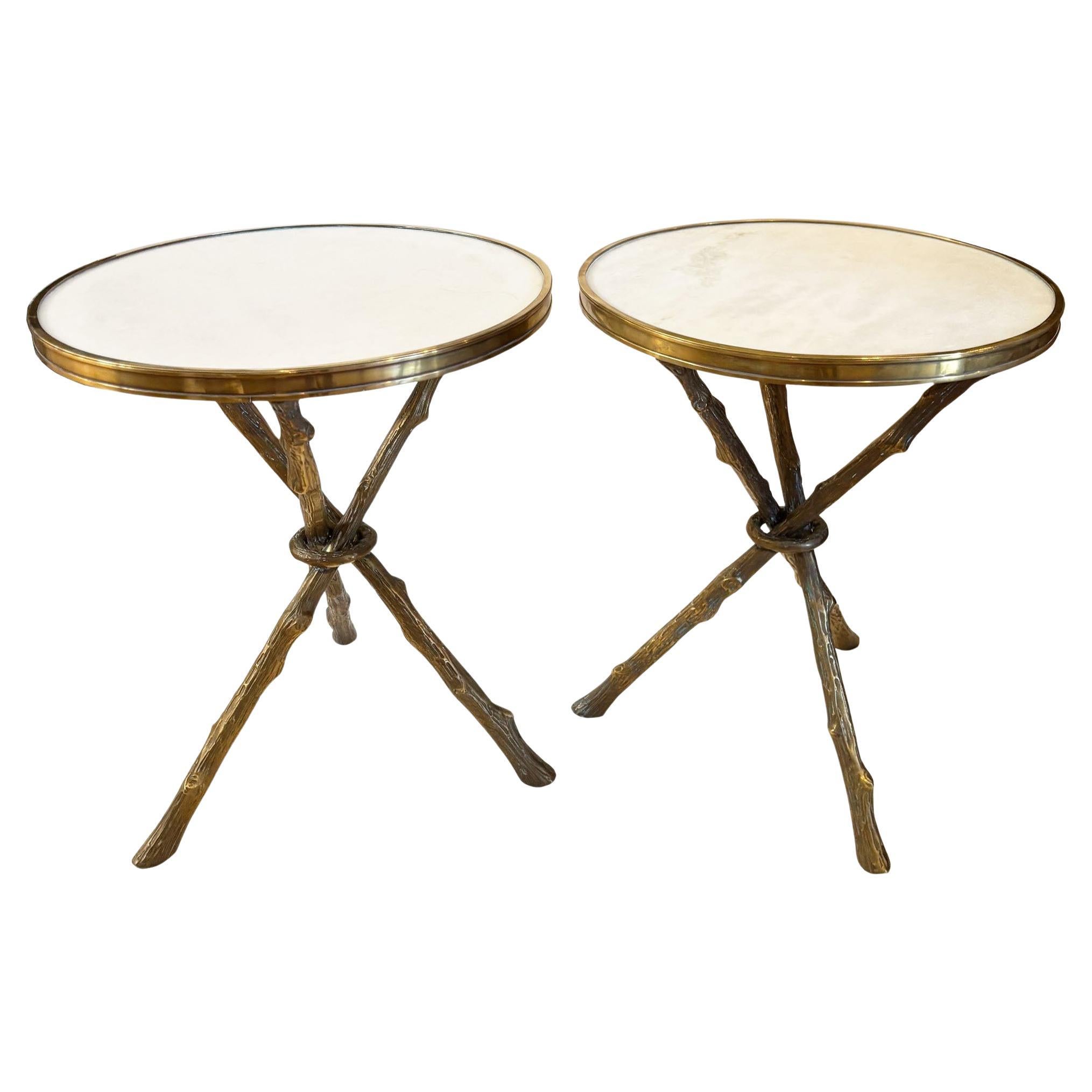 Contemporary Pair of Regency Style Brass Twig Form Tripod Base w/ White Marble Top Side Table For Sale