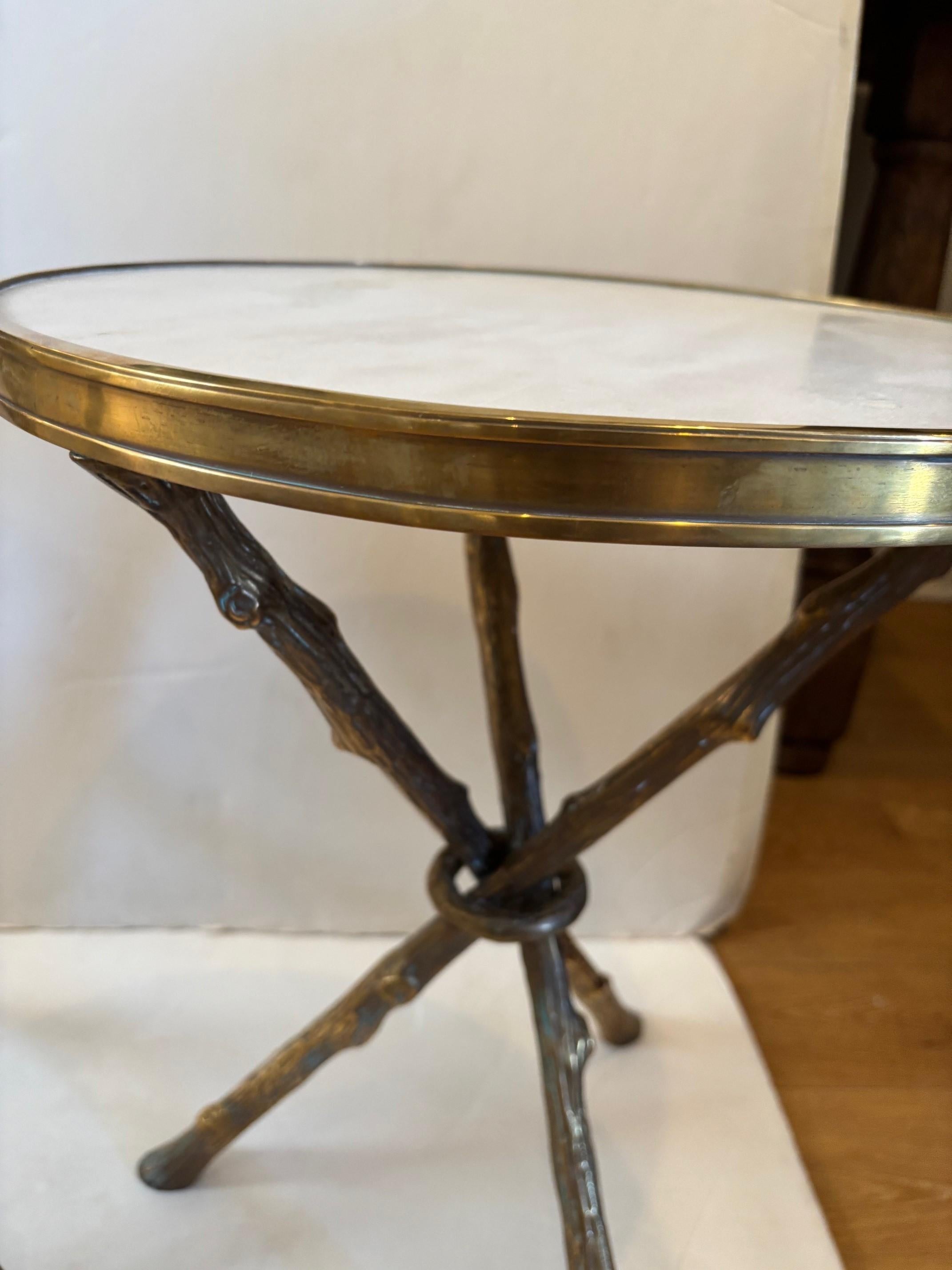 Metal Pair of Regency Style Brass Twig Form Tripod Base w/ White Marble Top Side Table For Sale