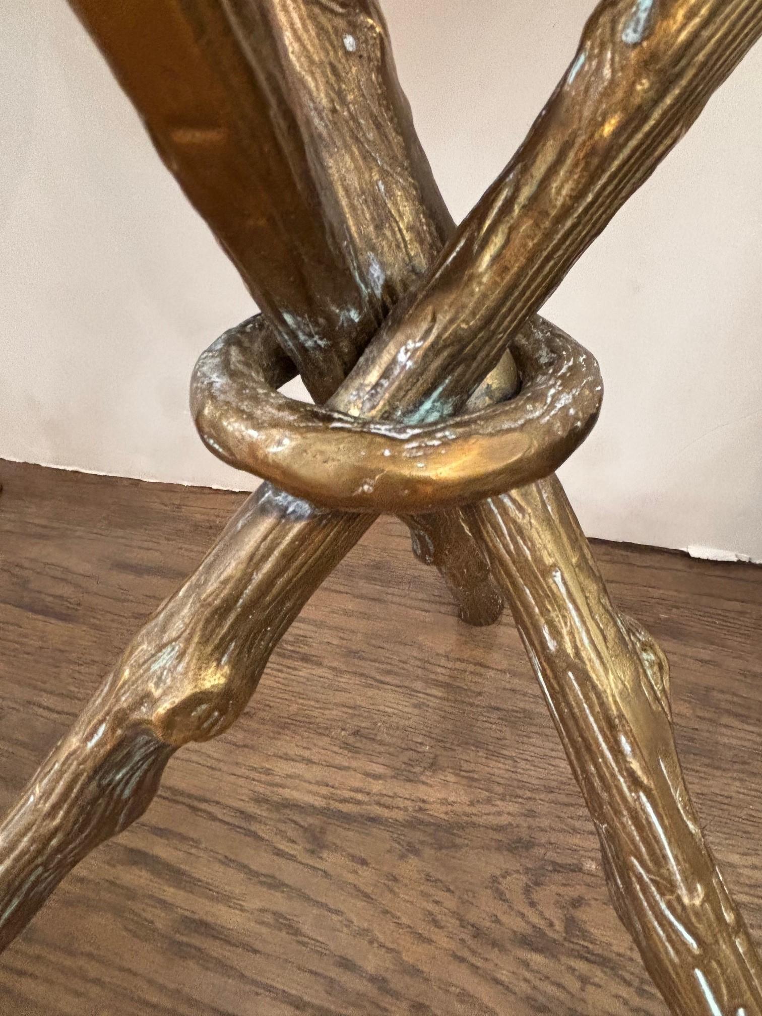 Pair of Regency Style Brass Twig Form Tripod Base w/ White Marble Top Side Table For Sale 1