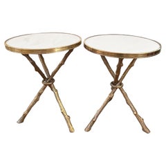 Pair of Regency Style Brass Twig Form Tripod Base w/ White Marble Top Side Table