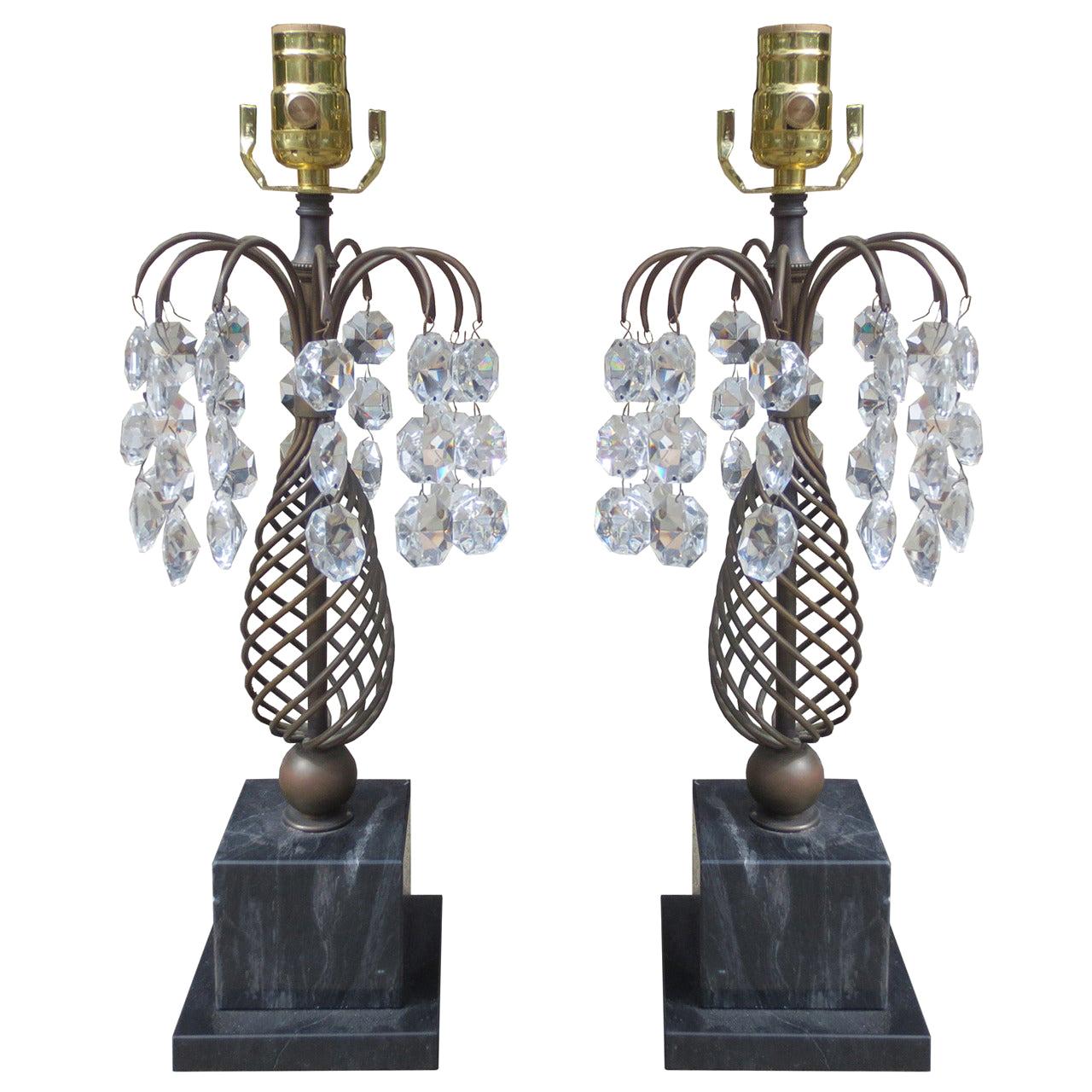 Pair of Regency Style Brown Marble and Crystal Lamps, circa 1940s