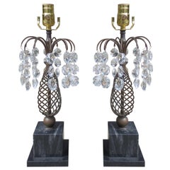 Pair of Regency Style Brown Marble and Crystal Lamps, circa 1940s