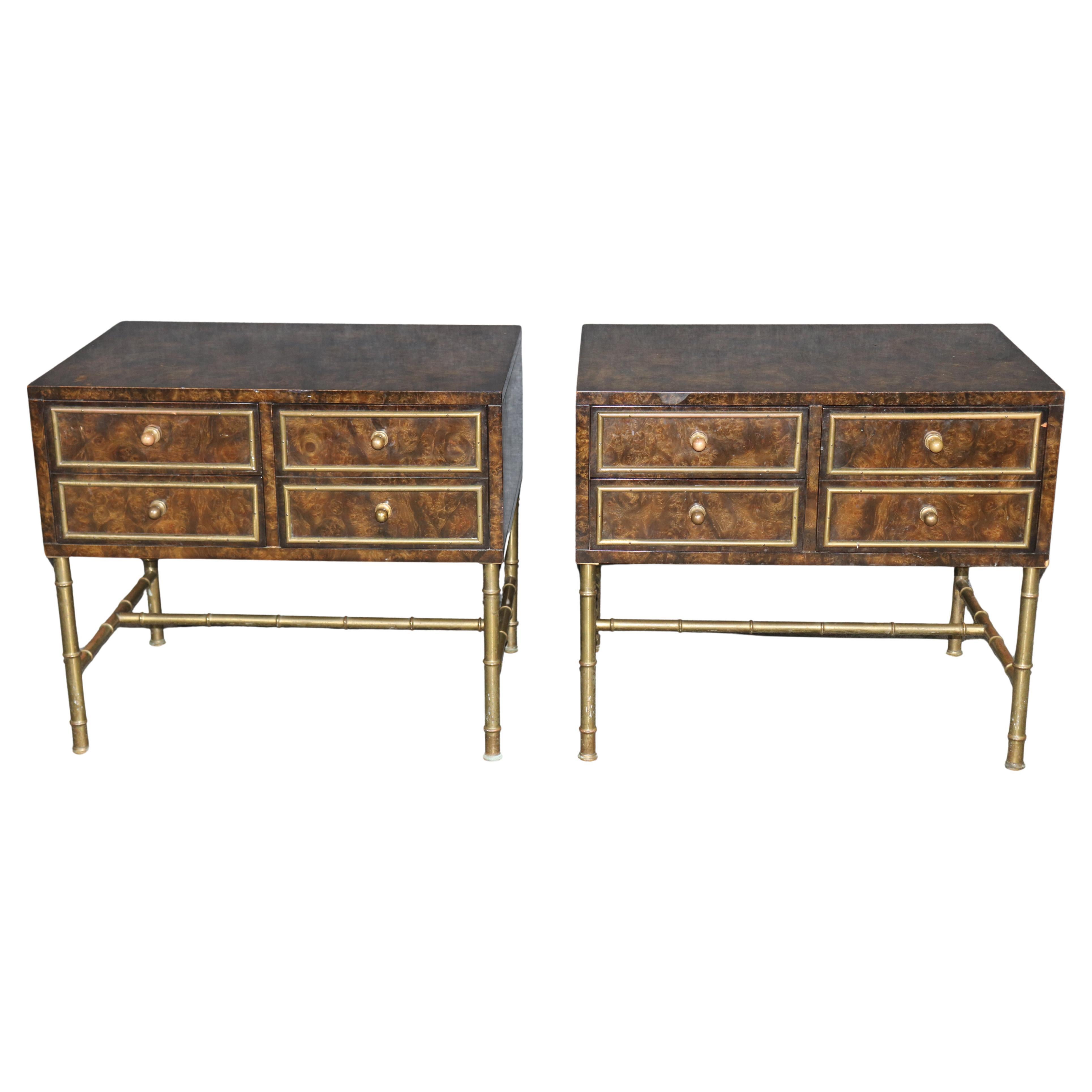 Pair of Regency Style Burl Wood & Brass Nightstands by Mastercraft