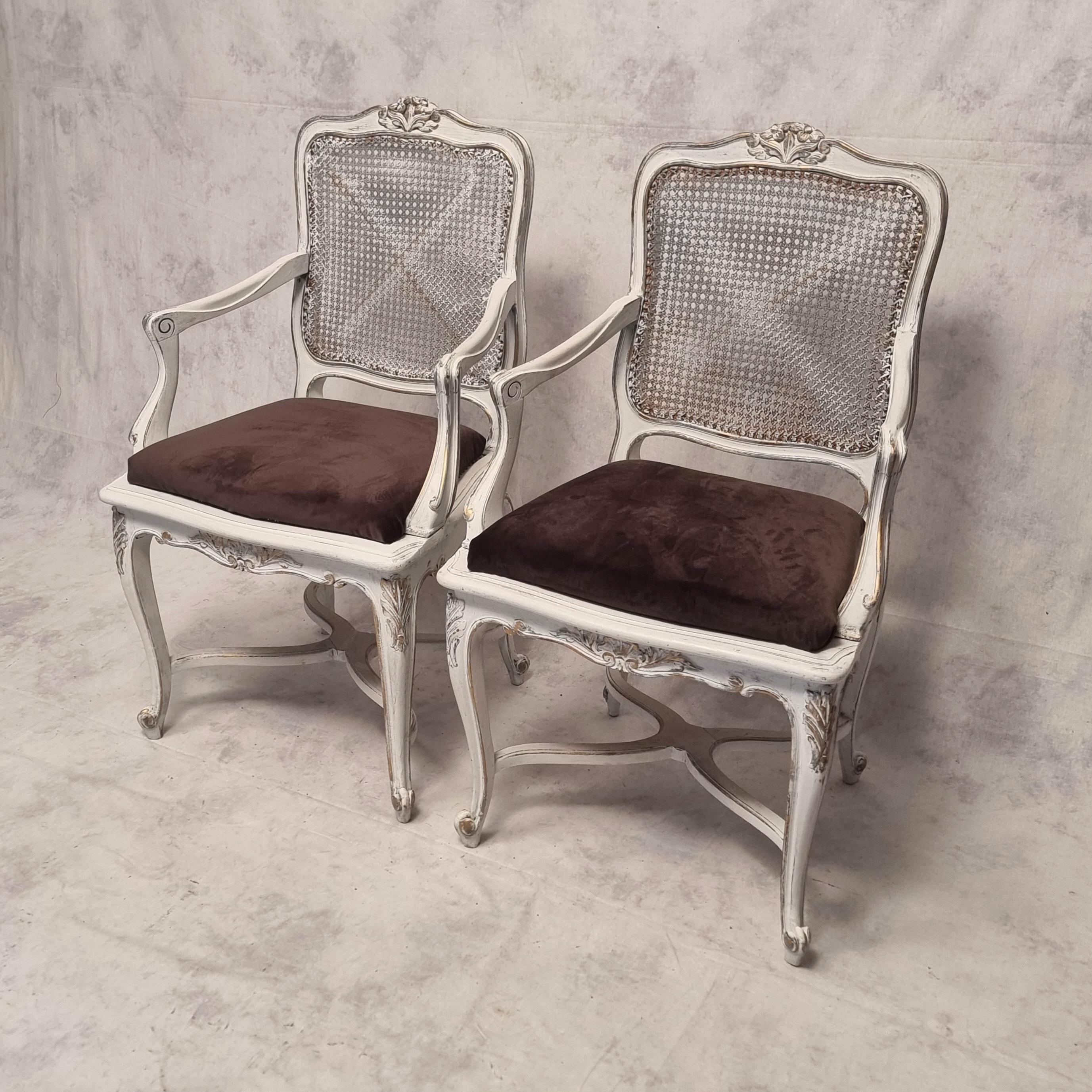 French Pair Of Regency Style Cane Armchairs - Painted Wood - 19th For Sale