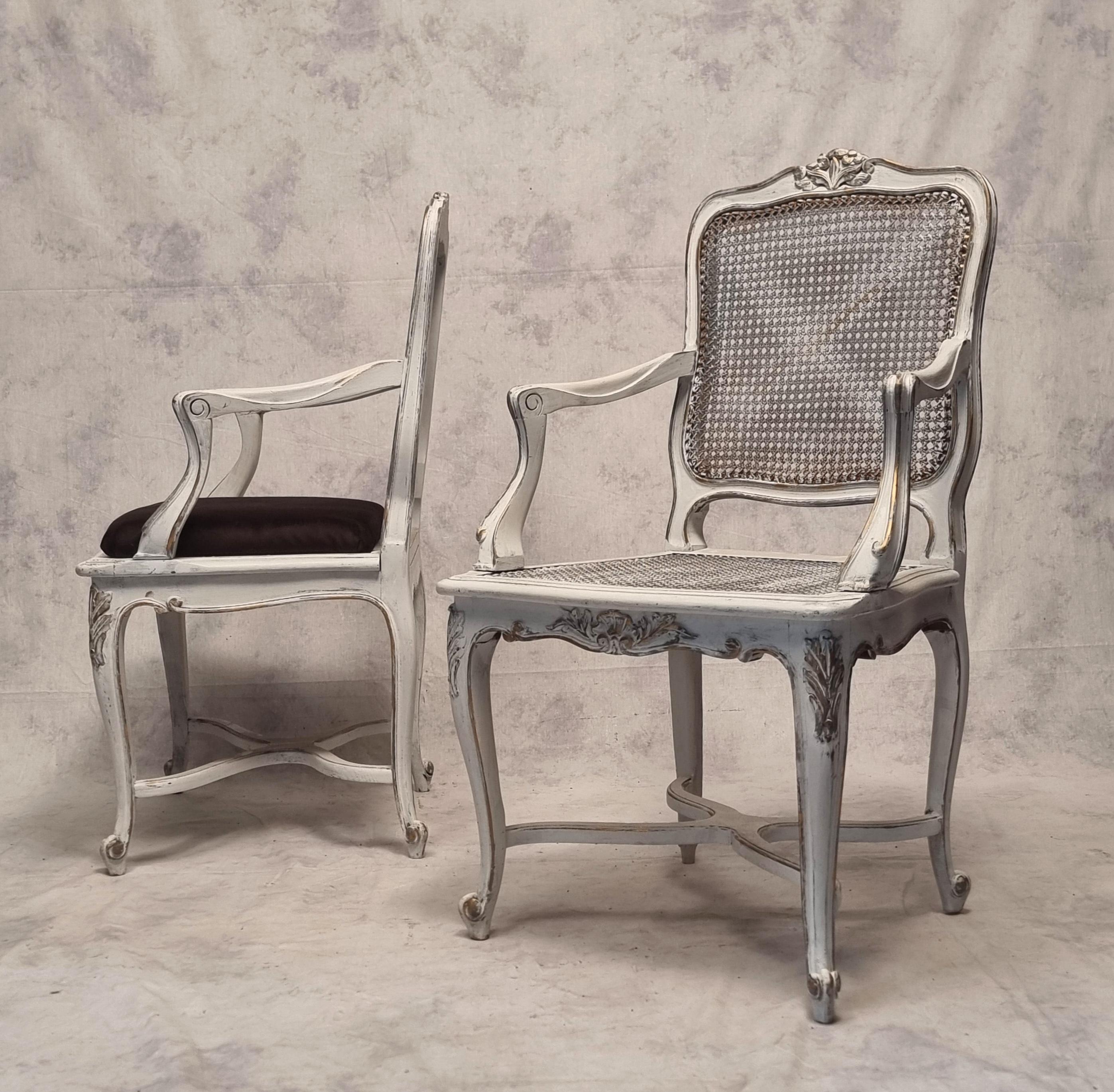19th Century Pair Of Regency Style Cane Armchairs - Painted Wood - 19th For Sale
