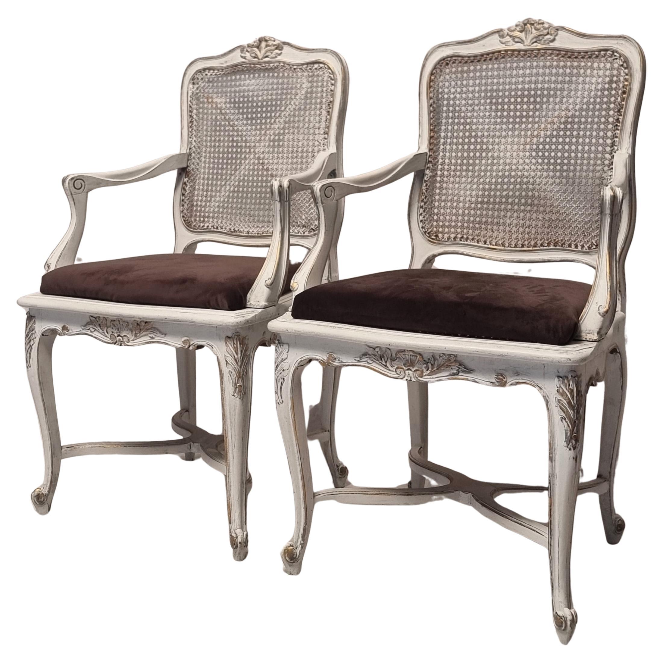 Pair Of Regency Style Cane Armchairs - Painted Wood - 19th For Sale