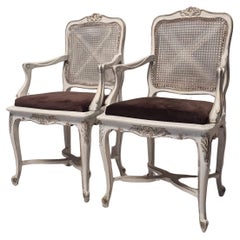 Pair Of Regency Style Cane Armchairs - Painted Wood - 19th