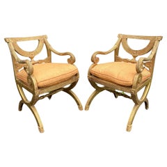 Pair of Regency Style Carved Giltwood Arm Chairs w/Caned Seats & Custom Cushions