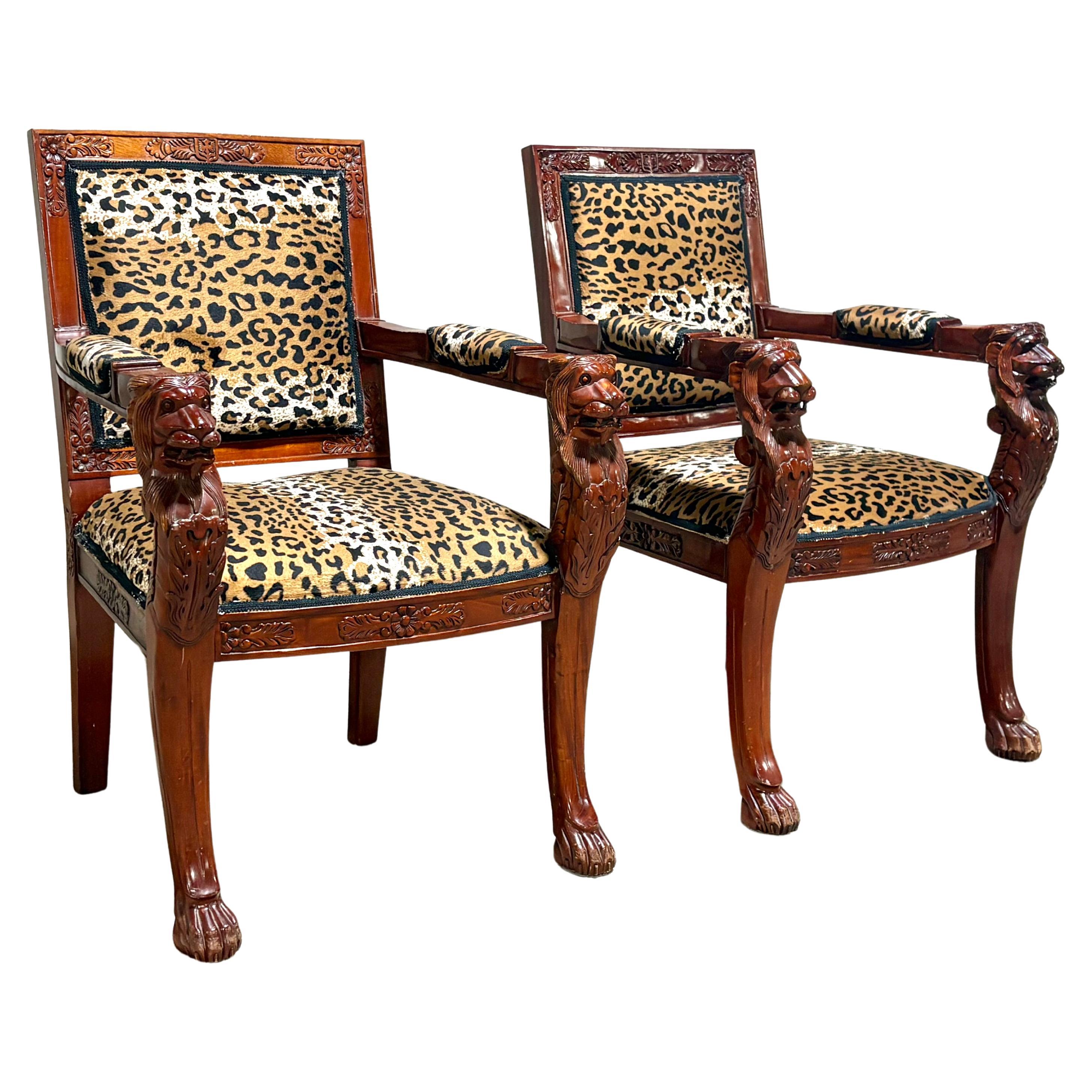 Pair of Regency Style Carved Lion Head Chairs For Sale