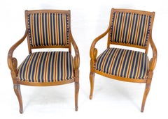 Pair of Regency Style Carved Open Arm Fireside Lounge Chairs Stripe Upholstery