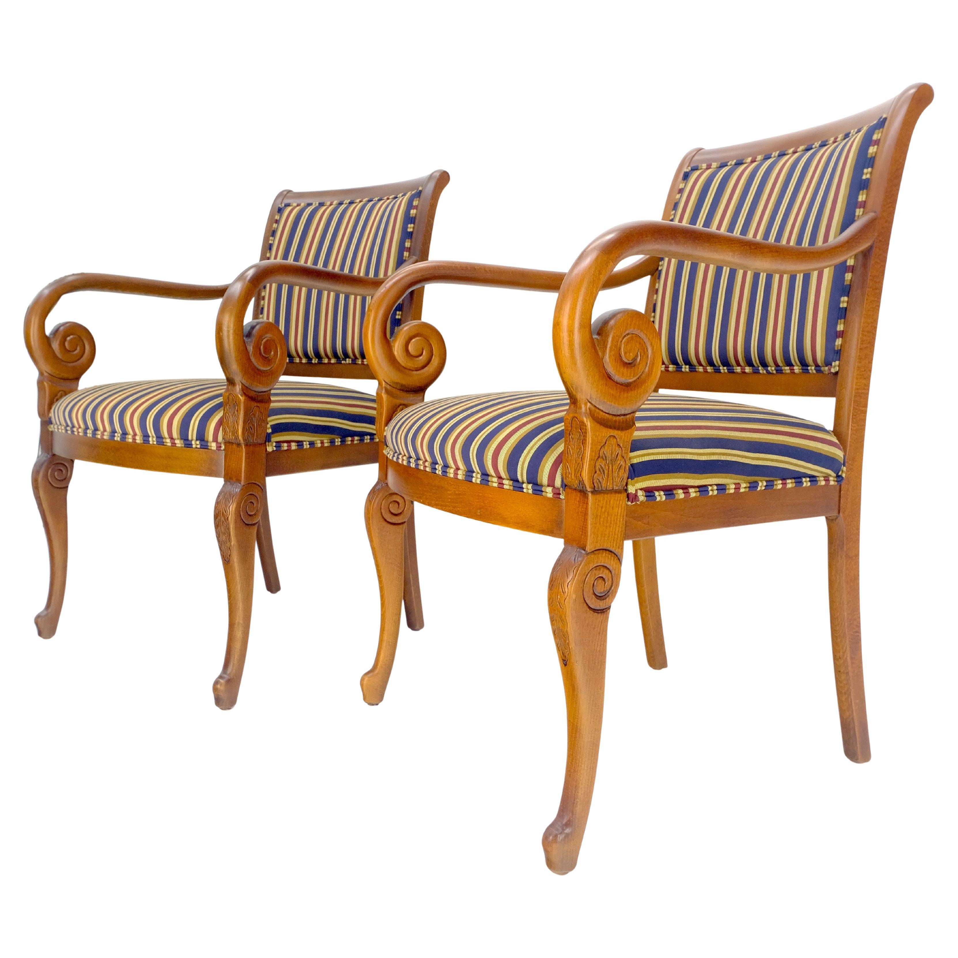 Pair of Regency Style Carved Open Arm Fireside Lounge Chairs Stripe Upholstery For Sale