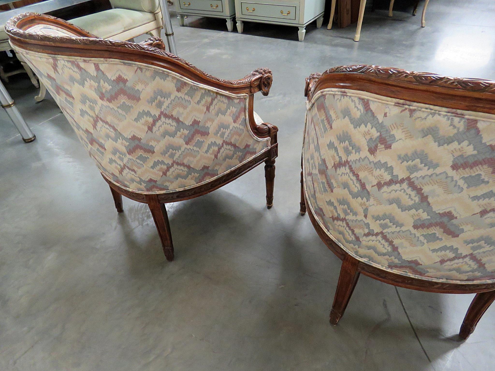Pair of Carved Walnut French Regency Style Rams Head Club Parlor Chairs 6